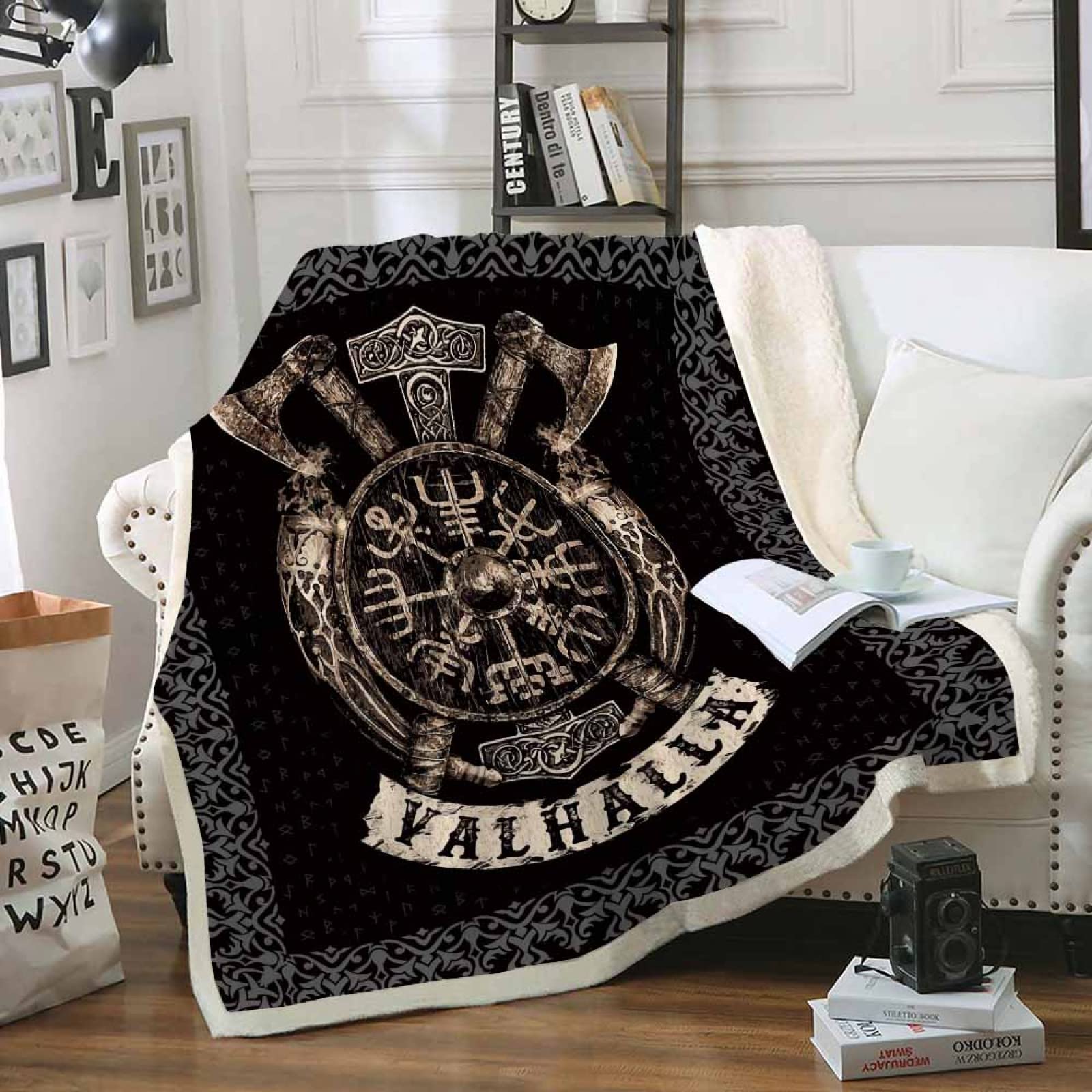 Wikinger Kuscheldecke 150x200cm Warmer Winter Weich Nordisch Mythologie Wikinger Decke Microfaser Sherpa Wohndecke Flauschige Couchdecke für Erwachsene Weihnachten Geschenk Blanket