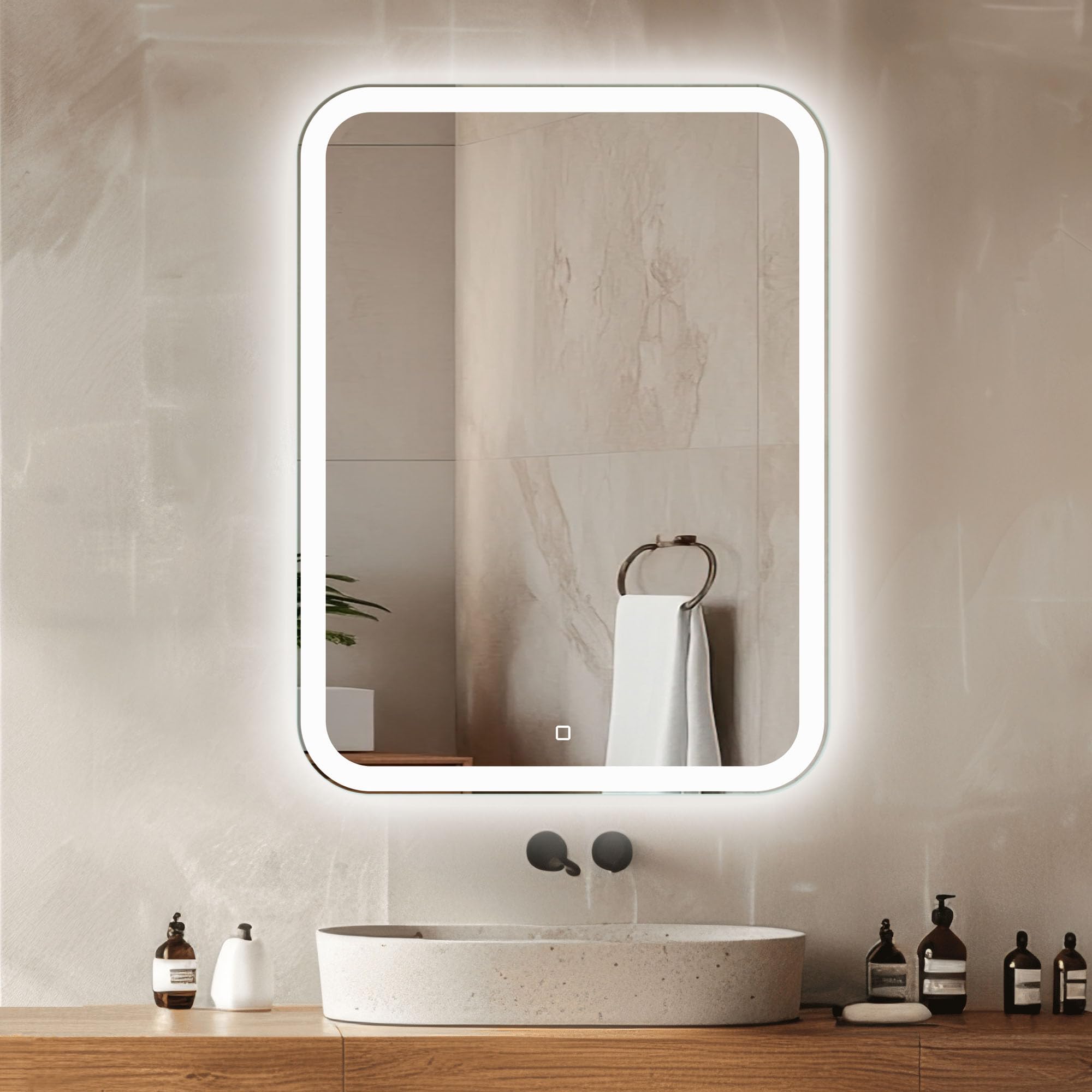Venti Prostokątne Lustro Łazienkowe LED 60x80cm, Lustro ścienne z oświetleniem LED, Naturalne Białe Światło, Zaokrąglone rogi, Podświetlane z przodu