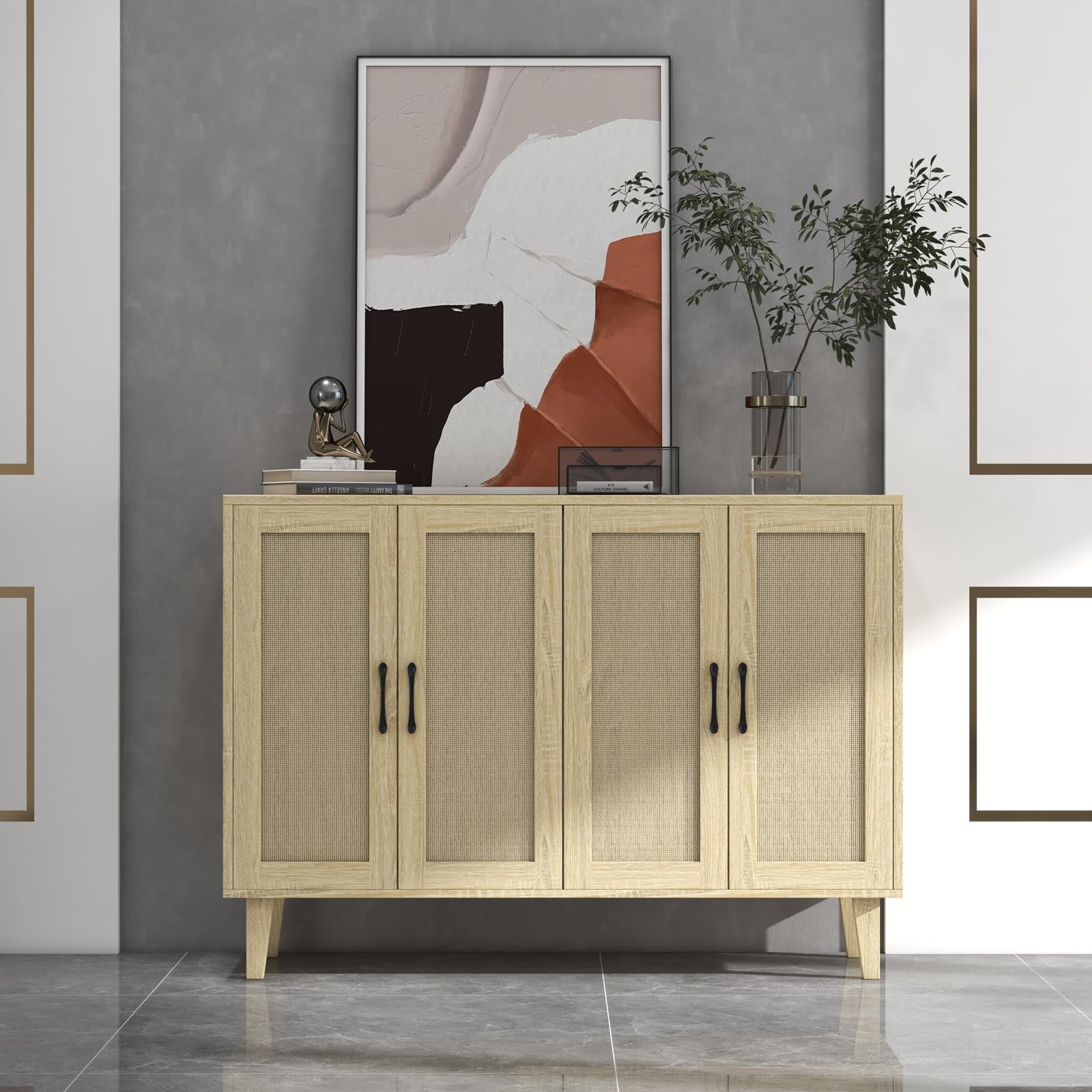 Panana Sideboard mit Rattangeflecht 4 Türen Sideboard TV-Schrank Schubladenkommode Holz Mehrzweckschrank für Flur Schlafzimmer Wohnzimmer Esszimmer (Braun)