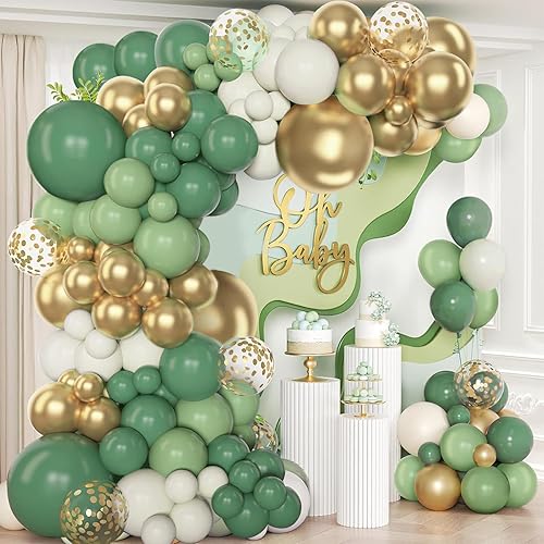 Kit de guirnalda de globos de color verde salvia, color verde oscuro, arena, blanco y dorado, globos de confeti para baby shower, fiesta salvaje,