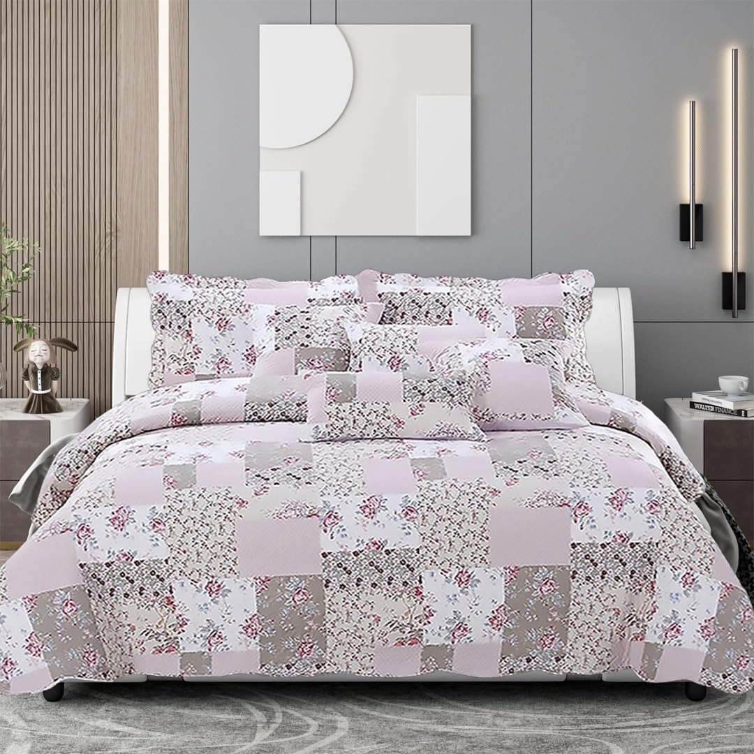 ZIYA HOMES Single Quilted Reversible Patchwork Bedspread Comforter Bed Throw with Pillow Sham Coverlet Bedding Set 3-Piece Cotton Bedsheet Duvet Set Machine Washable