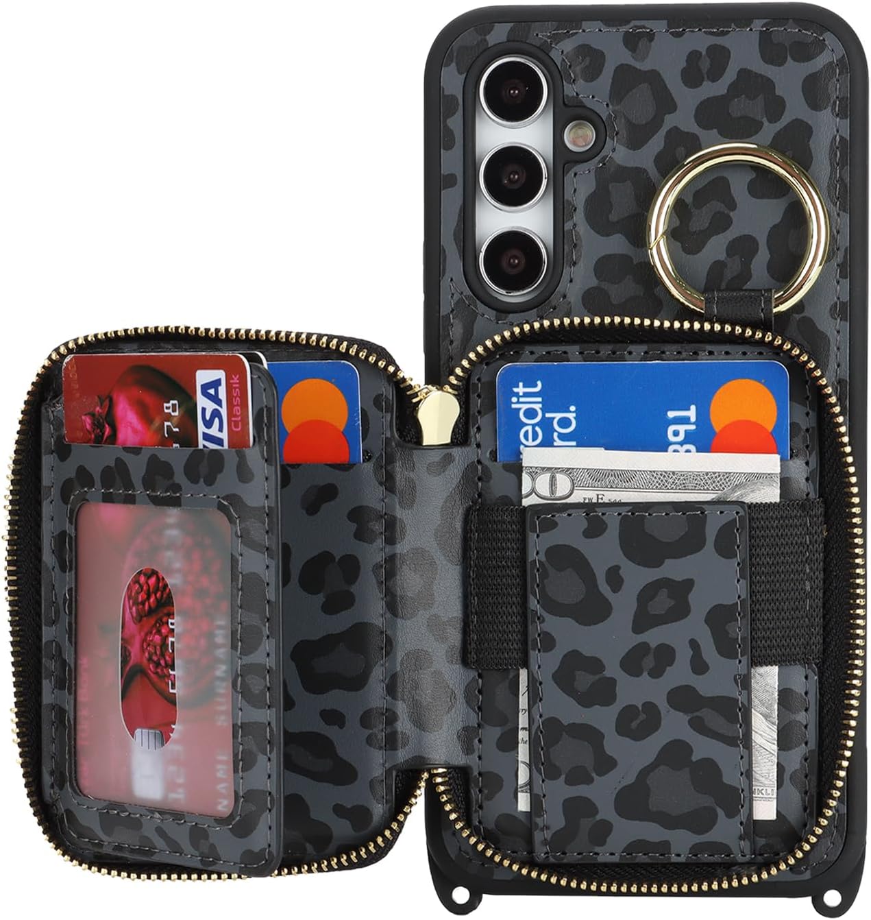 Crossbody Wallet Case for Galaxy A54 5G, PU Leather Zipper Handbag Purse Flip Cover, Kickstand Folio Case with Card Slots Holder Wrist Strap Lanyard -Black Leopard