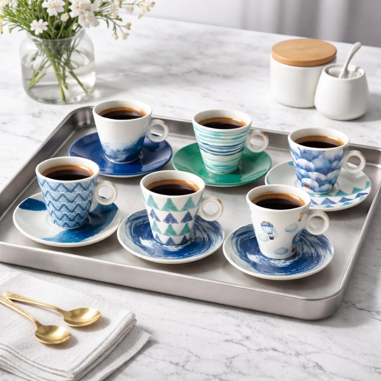 PALUPLUS Set 12 Tazzine Caffè con Piattino in Porcellana da 80 ml, Tazze da Espresso con manico, Lavabili in Lavastoviglie, adatte per Microonde, FANTASIA OCEAN -268