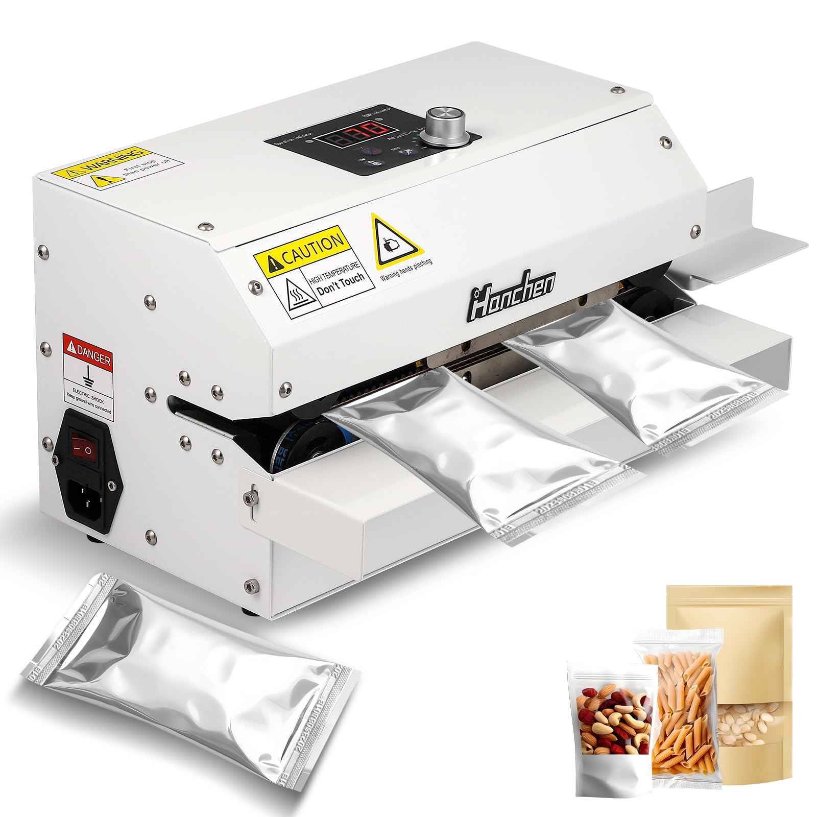 Hanchen Sellador continuo automático de 6 m/min, máquina de sellado de banda continua, temperatura y velocidad ajustable, sellador térmico de rodillo de 3000 W para bolsas de plástico, bolsas de papel