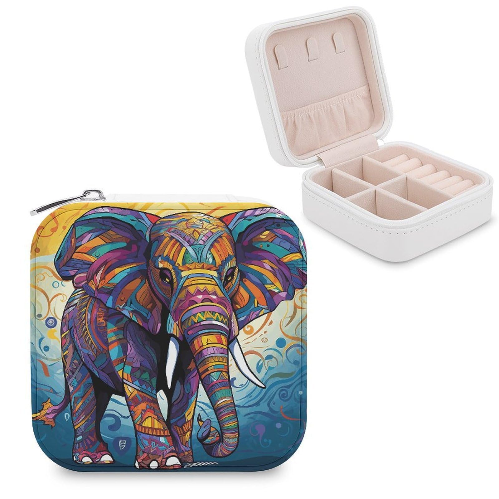 VstaDank Colorful Elephant Travel Jewelry Case Zipper Portable Small Jewelry Box Custom Pu Leather Mini Traveling Jewelry Organizer for Rings Earrings Necklace Bracelet Girls Women