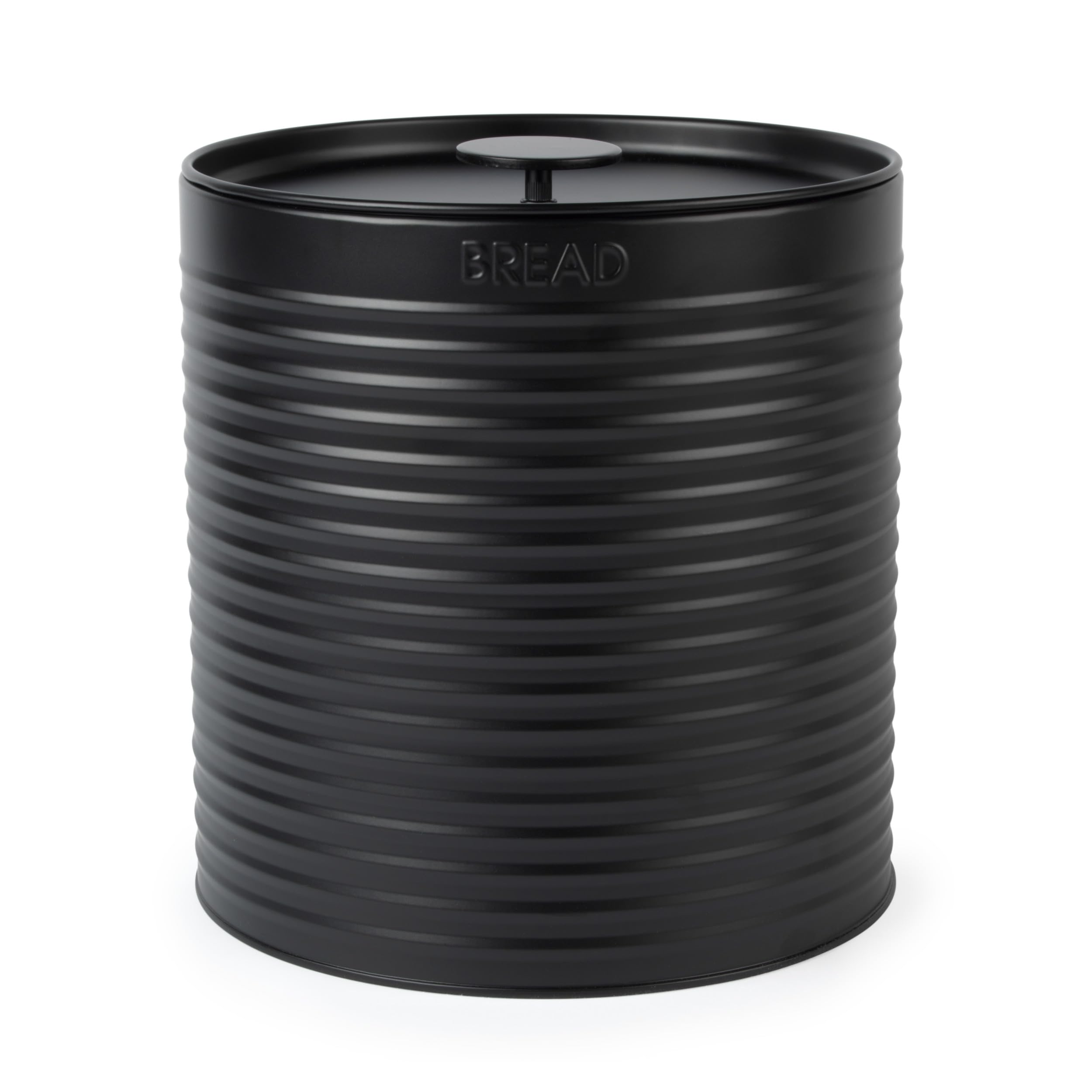 Russell Hobbs Ribbed Round Bread Bin – Metal Bread Box, Large Kitchen Canister, Countertop Storage/Organisation, Durable Powder-Coated Steel, Pull Top Lid, Easy to Clean, Ribbed Design, Black