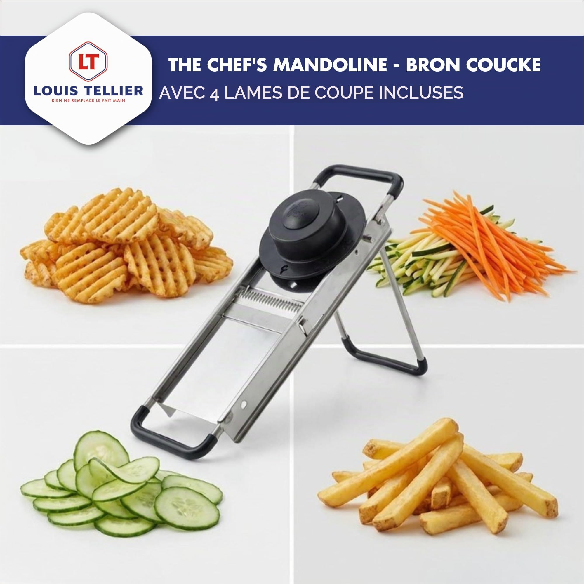 LOUIS TELLIER - Mandoline Professionnelle du Chef - Inox - Tranche Fruits et Légumes et Réalise Frites et Juliennes - Épaisseur Réglable - Fabriqué en France