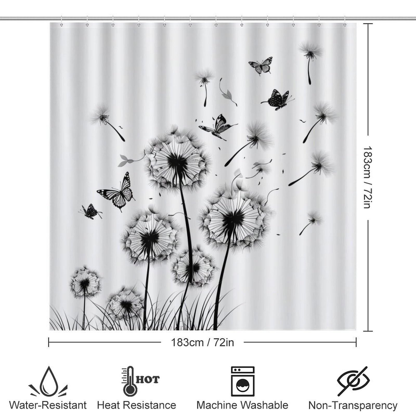 4 Piece Bathroom Rug Set with Shower Curtain Bathroom Shower Curtain Set with Rugs Dandelions with Butterflies Durable and Waterproof Ink Painting Black Dandelion Butterflies for Bathtub Decor