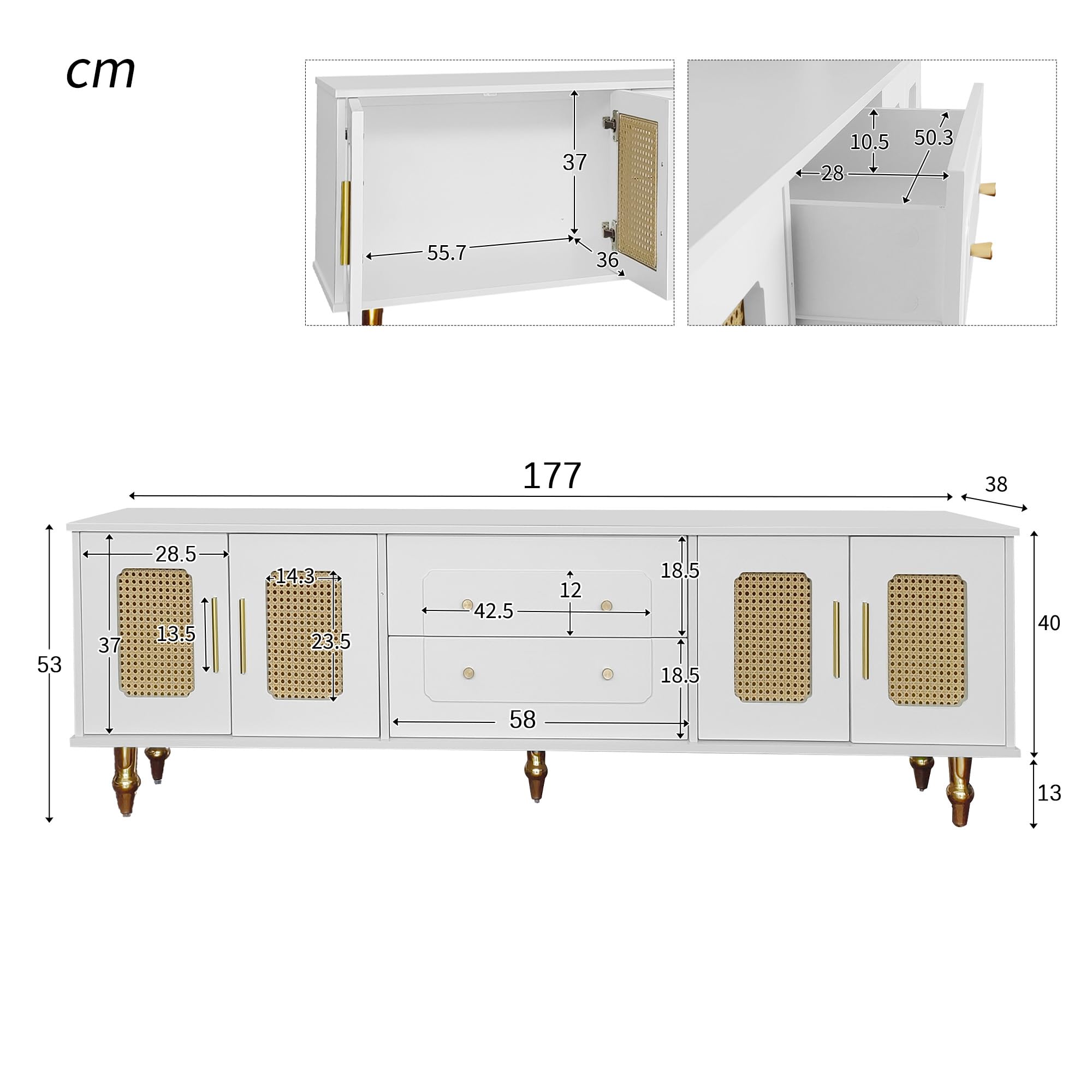 Mobile TV basso 177 x 38 x 53 cm in stile retrò: maniglie dorate, molto capiente, con anta in vetro e gambe in legno massello, nero/bianco (bianco)