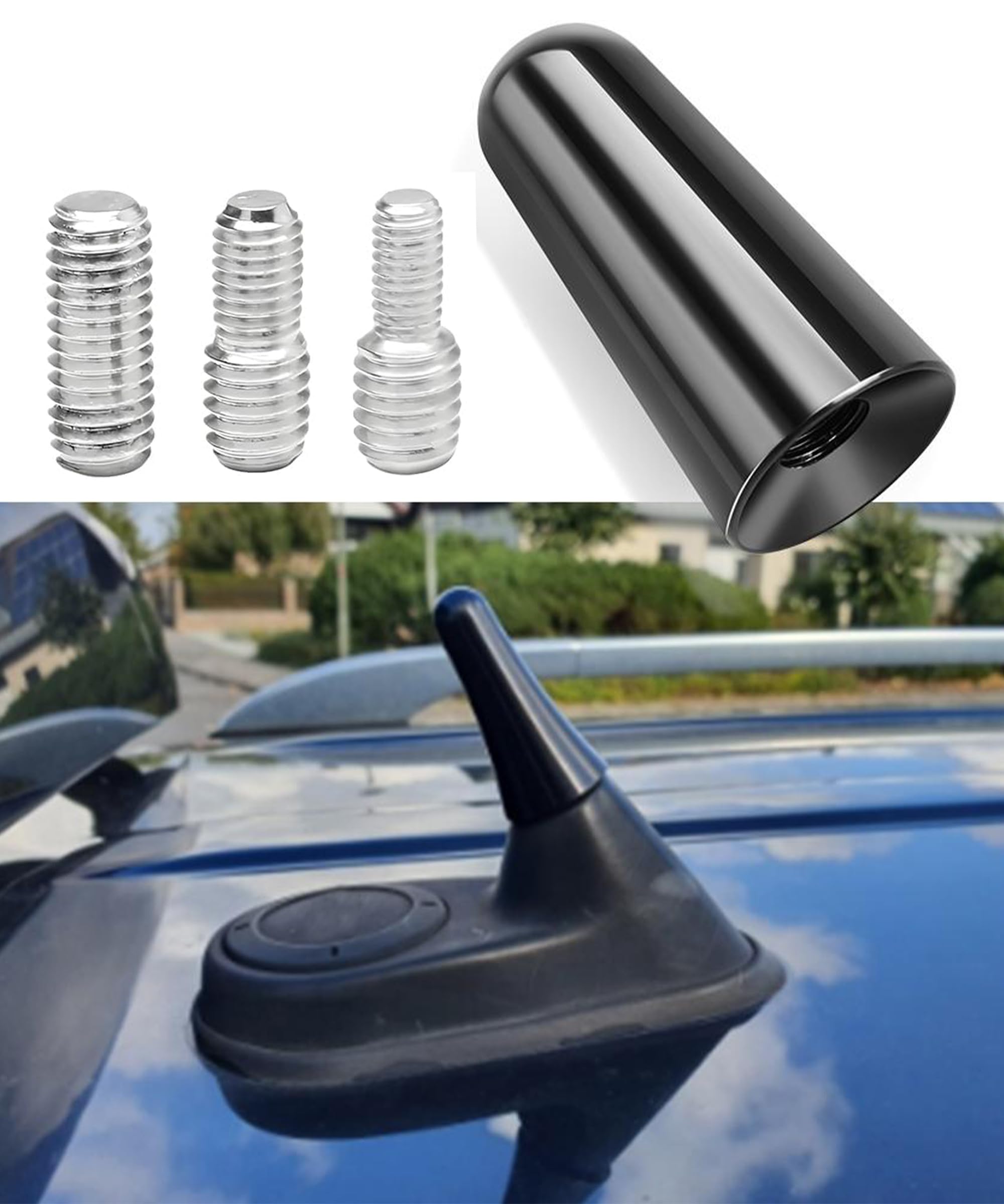 Antena Coche Corta Universal de 6.5cm, Mini Antena Coche Radio FM Am, Adaptadores M4 M5 M6 Incluidos, Instalación Rápida sin Herramientas, Diseño Compacto para Mejorar la Apariencia del Vehículo