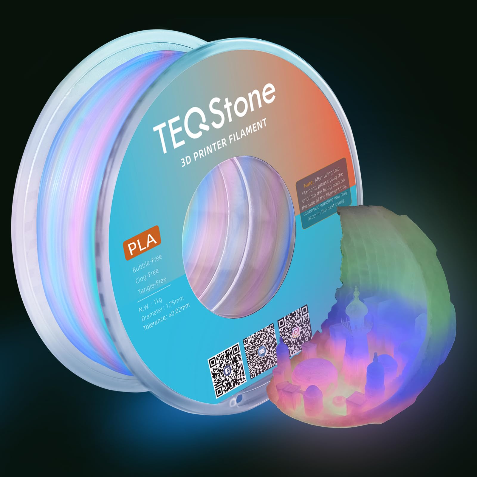 Glow in The Dark PLA Filament 1.75mm Rainbow (Multicolor) 1KG, Color Changes Per 10-13m, Diameter +/- 0.03mm, Neatly Wound Spool, Vacuum Packaging