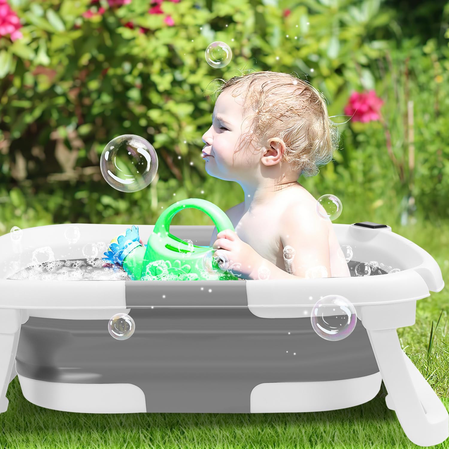 Daromigo Faltbare Babybadewanne, mit Thermometer, Baby Badewanne mit Weichem Badekissen,Rutschfestem Ständer, Platzsparend, für Neugeborene Monate, Grau