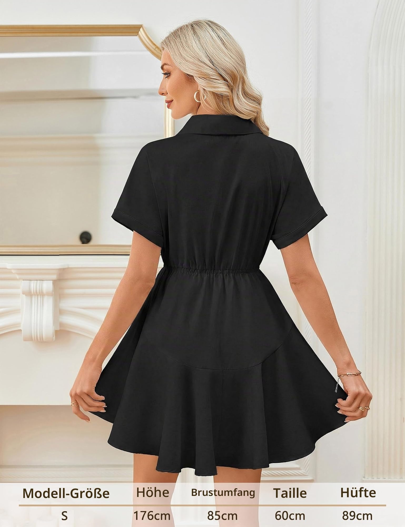 Beluring Blusenkleid Damen Sommer Kurzarm Minikleid V-Ausschnitt Knopfleiste Tunika Kleider mit Taschen