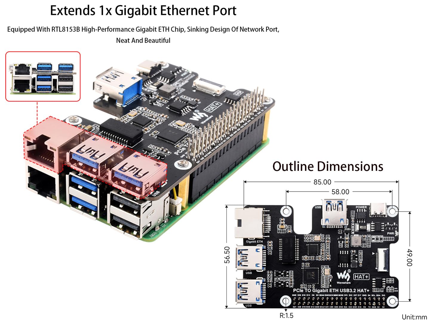 Raspberry Pi USB 3.2 Gen1 Gigabit Ethernet HUB HAT 3 X USB 3.2 - View #3