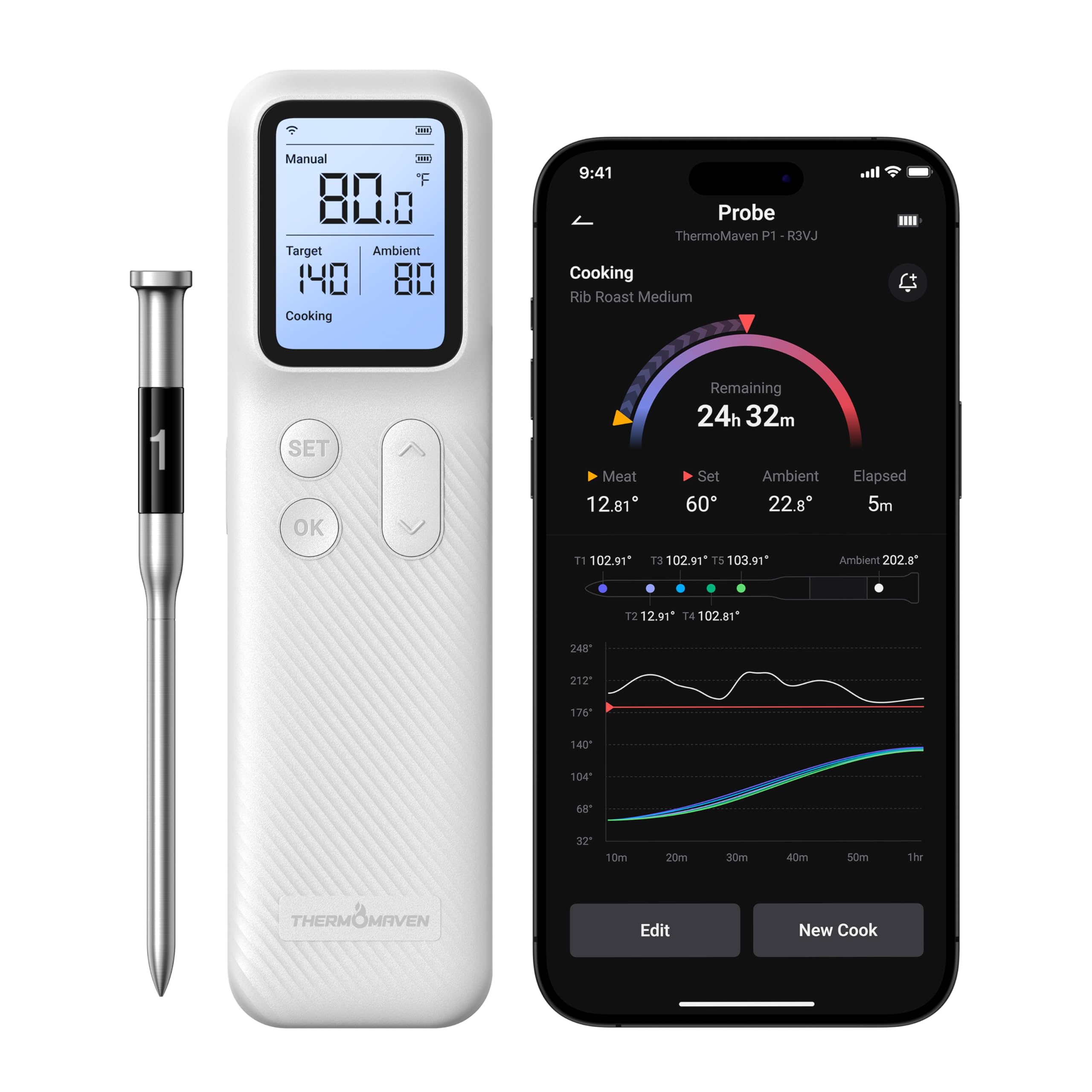 ThermoMaven Smartes Bluetooth Fleischthermometer Kabellos, Basisstation, WLAN Unbegrenzte Reichweite, NIST-zertifizierte Genauigkeit, App Warnungen, Für Grill, Ofen, Smoker, BBQ (Weiß)