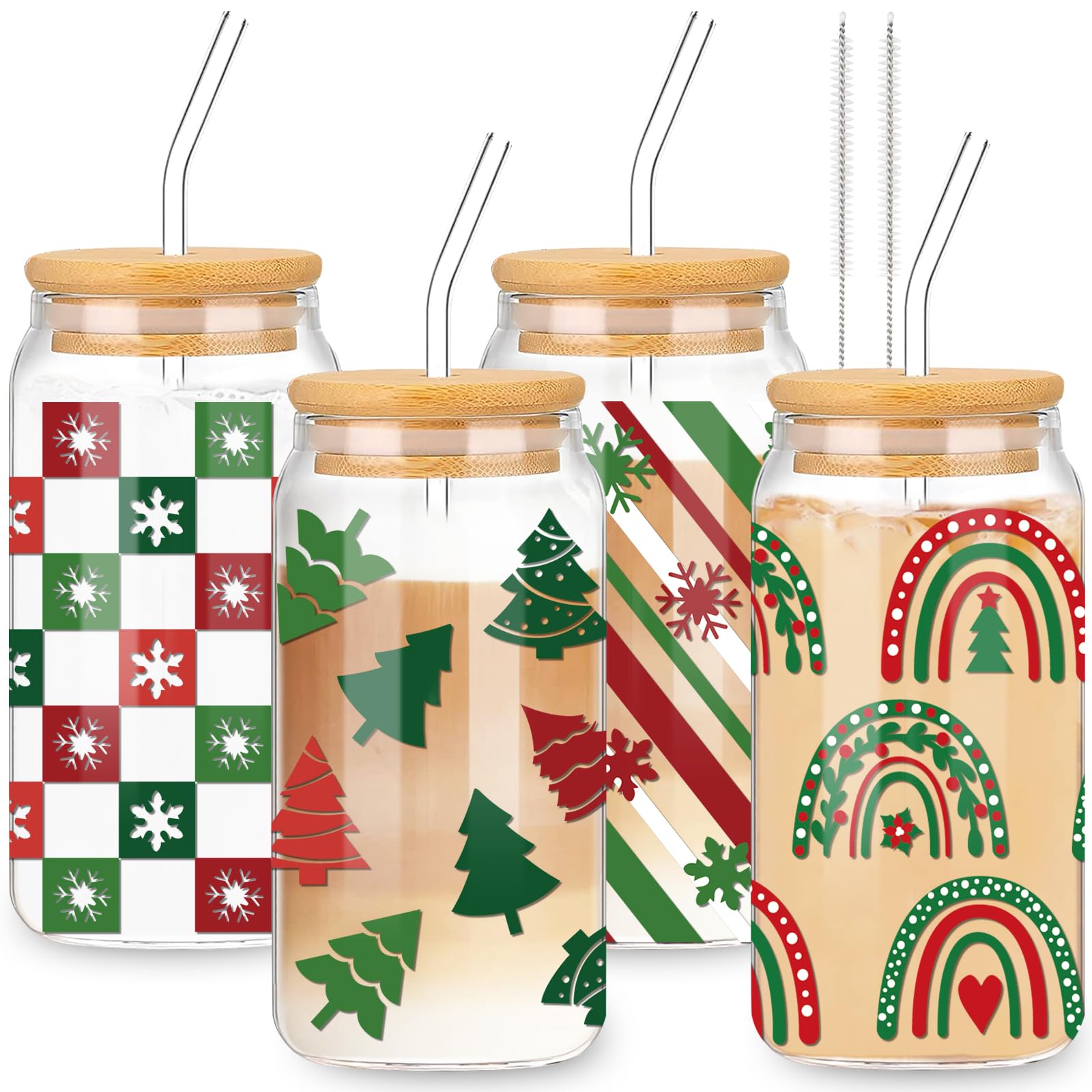 Whaline 4 Pack Boho Christmas Iced Coffee Cup Xmas Tree Snowflake Rainbow Beer Can Glass Red Green Xmas Glass Cup with Lid Straw for Home Office Gifts,16oz