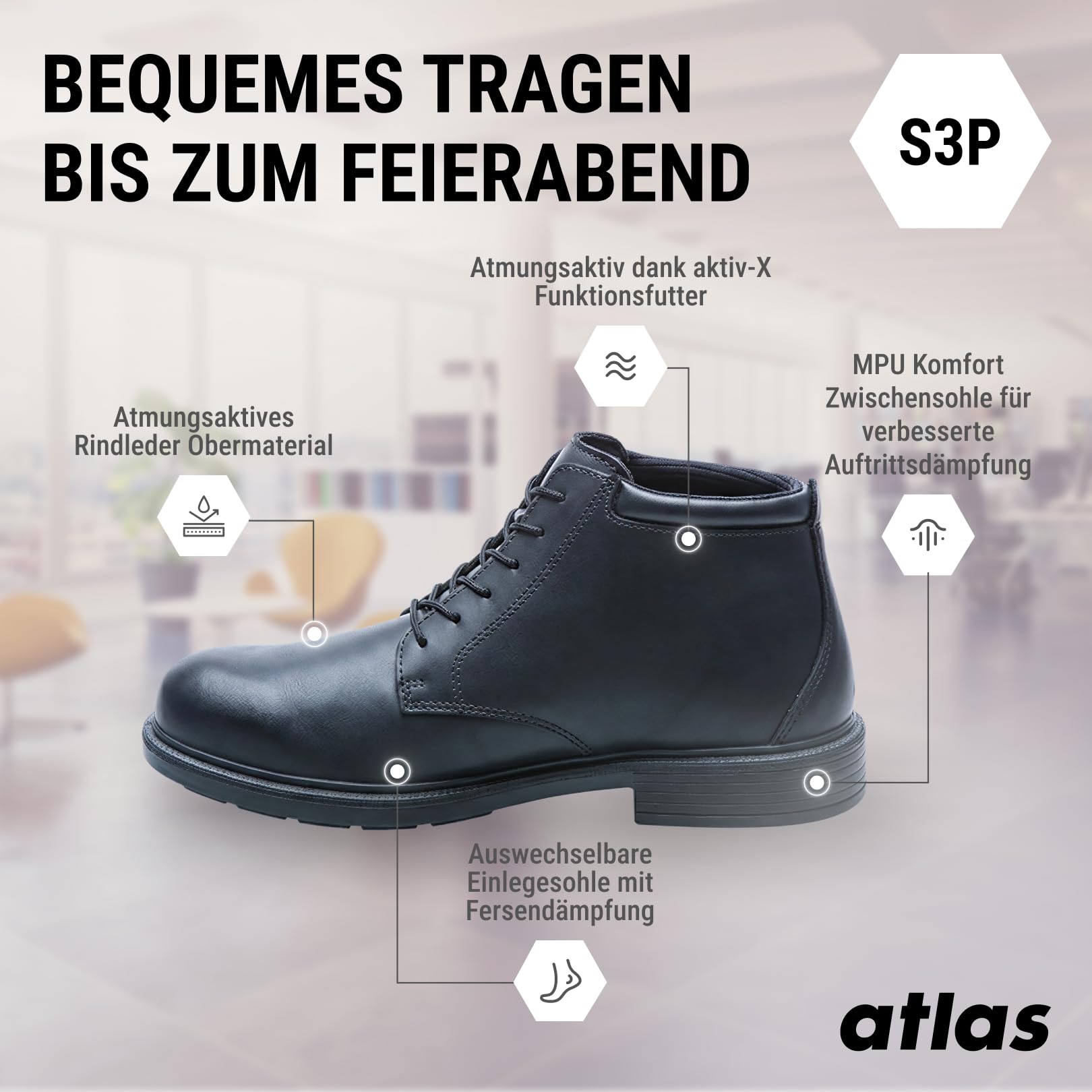 Atlas CX 545 S3 ESD Sicherheitsschuhe knöchelhoch, Business-Look mit Stahlkappe, durchtrittsicher, wasserabweisend, Weite 10, Größe 43