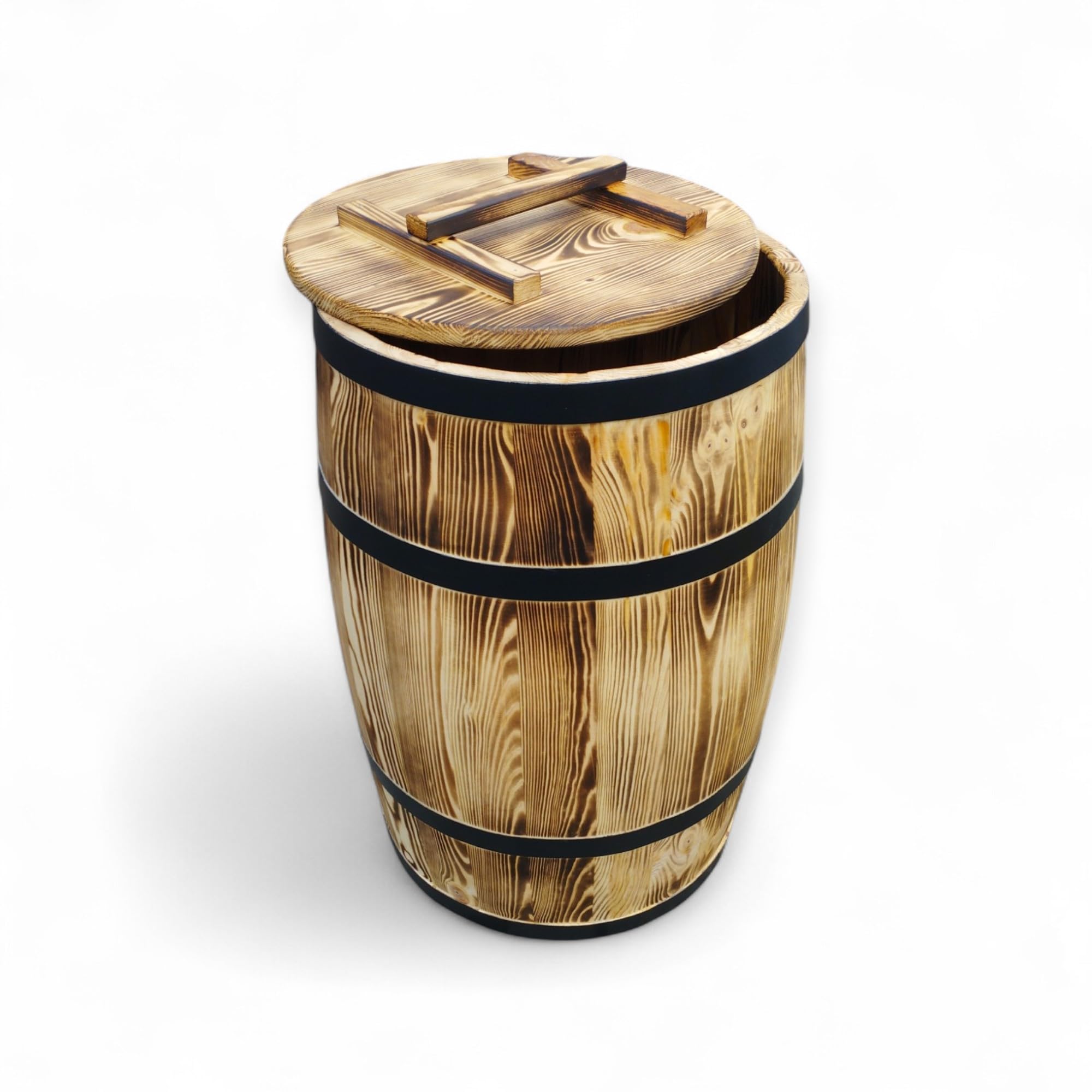 Wooden Barrel with Lid and Metal Hoops - Vintage Burnt Wood - Rustic Barrel for Garden, Rainwater or Decoration 60 Litres