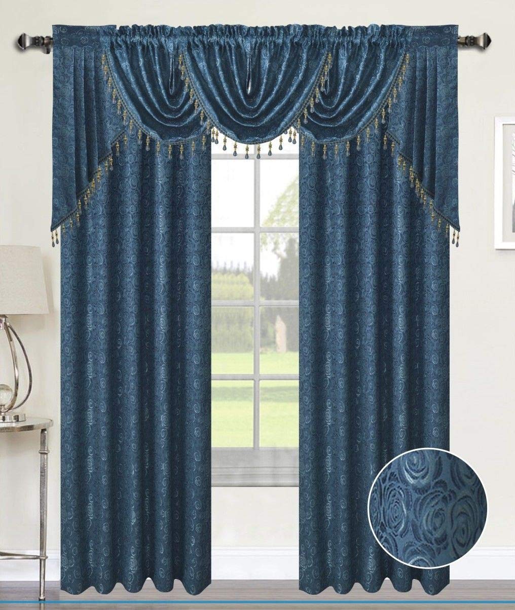 Luxury Home Textiles Angelina Damask 7 Piece Curtain, Beaded Austrian VALANCES and Swag Set, Blue