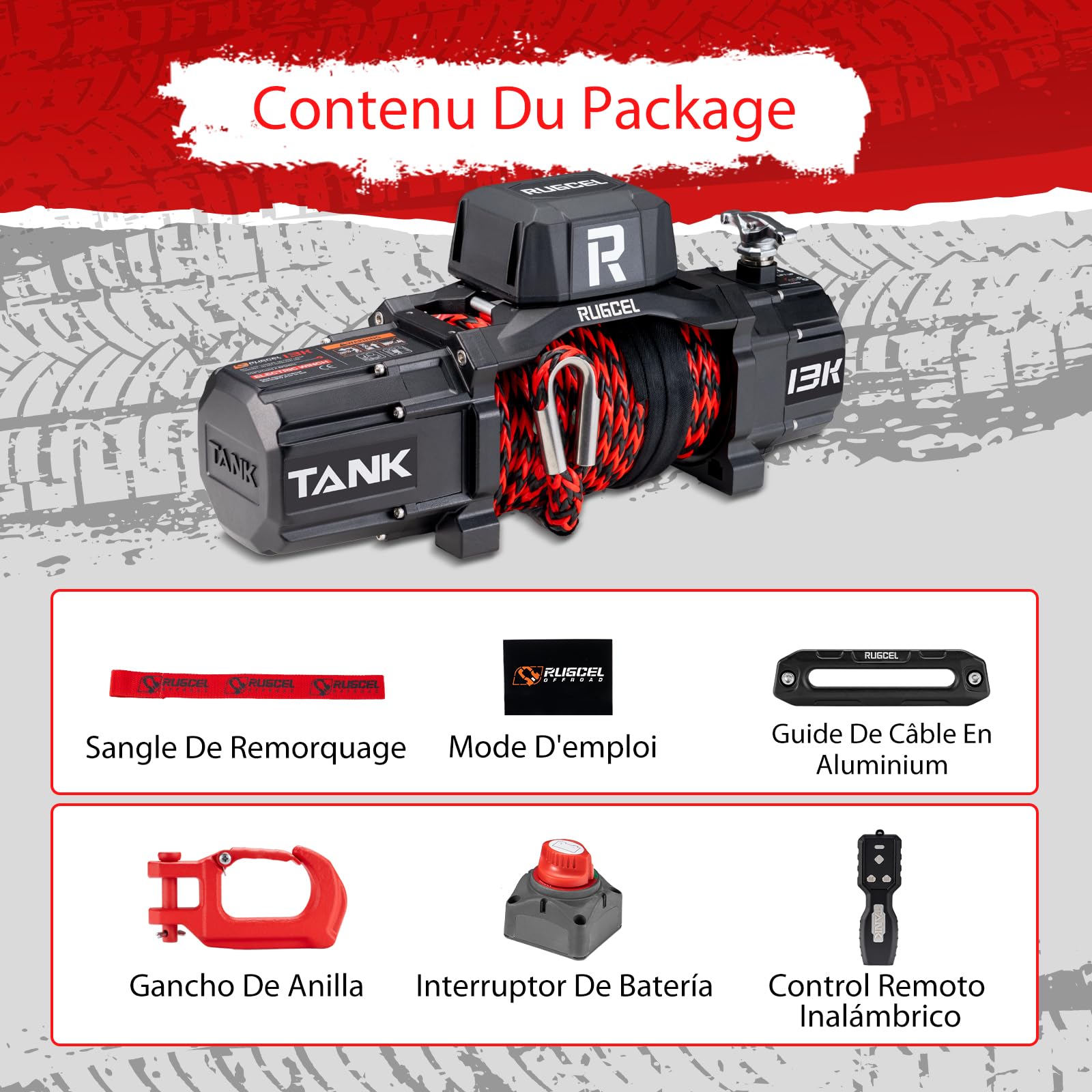 RUGCEL WINCH Treuil 6123 kg avec corde synthétique 12 V étanche électrique, télécommande sans fil 2 en 1, pour SUV, camion et remorque - Série TANK