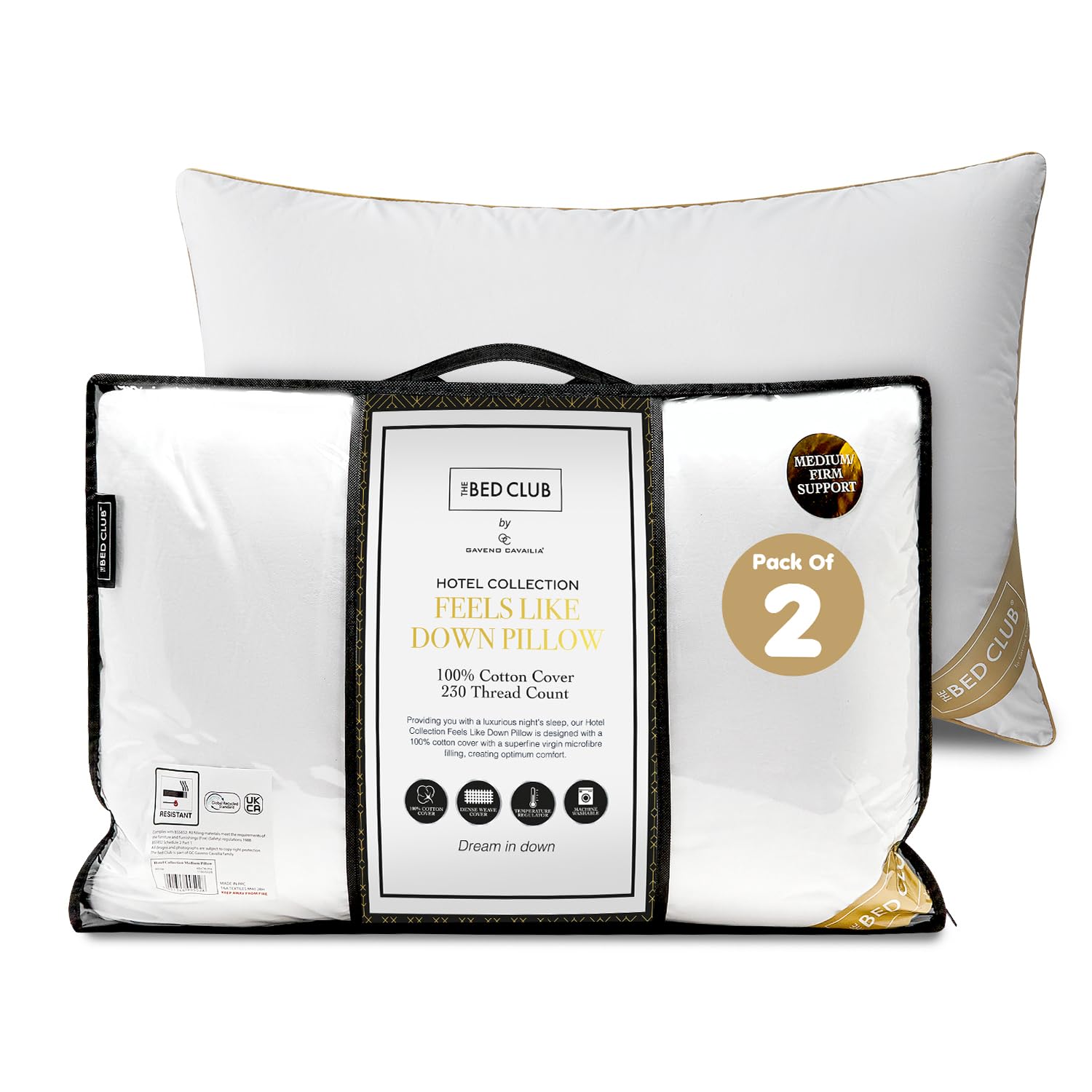 GC GAVENO CAVAILIA Medium Support Pillow 2Pack With 100% Cotton Cover | Bounce-Back Neck Support Bed Pillows Standard Size Single Pillow | Hotel Quality Pillows For Back Pain & Side Sleepers, 74x48cm