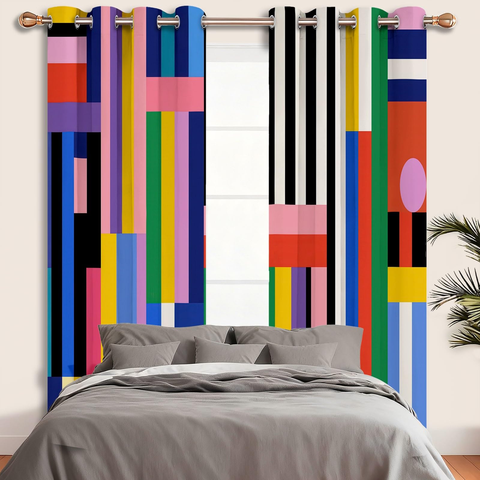 Verdunklungsvorhänge mit Ösen für Wohnzimmer, Mode Abstrakt Geometrisch Streifen Thermovorhang Hitzeschutz 2er Set B75 x H166 cm Bunt, Schlafzimmer Vorhänge Blickdicht Fenster Gardinen