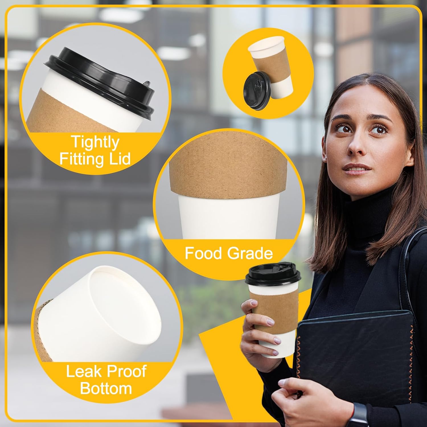 ESSENTIAL 16 oz Heavy Duty Coffee Cups with Lids, Sleeves & Labels–80 Pack Disposable Paper To Go Cups, for Hot/Cold Beverage, Offices, Homes, Party