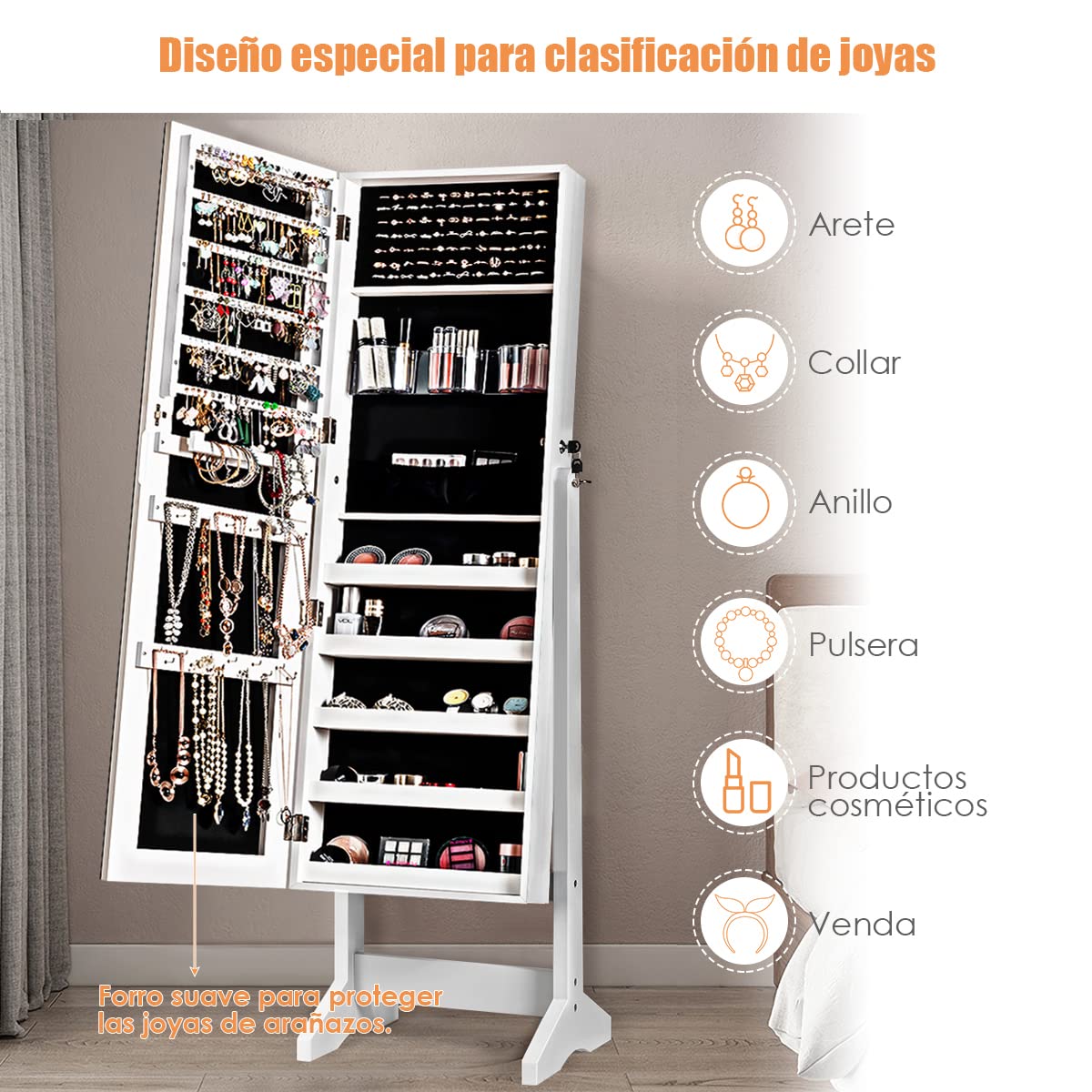 COSTWAY Armario para Joyas con Espejo de Cuerpo Entero, Armario Vertical Joyero con 120 Espacios, Espejo 2 en 1 (blanco)