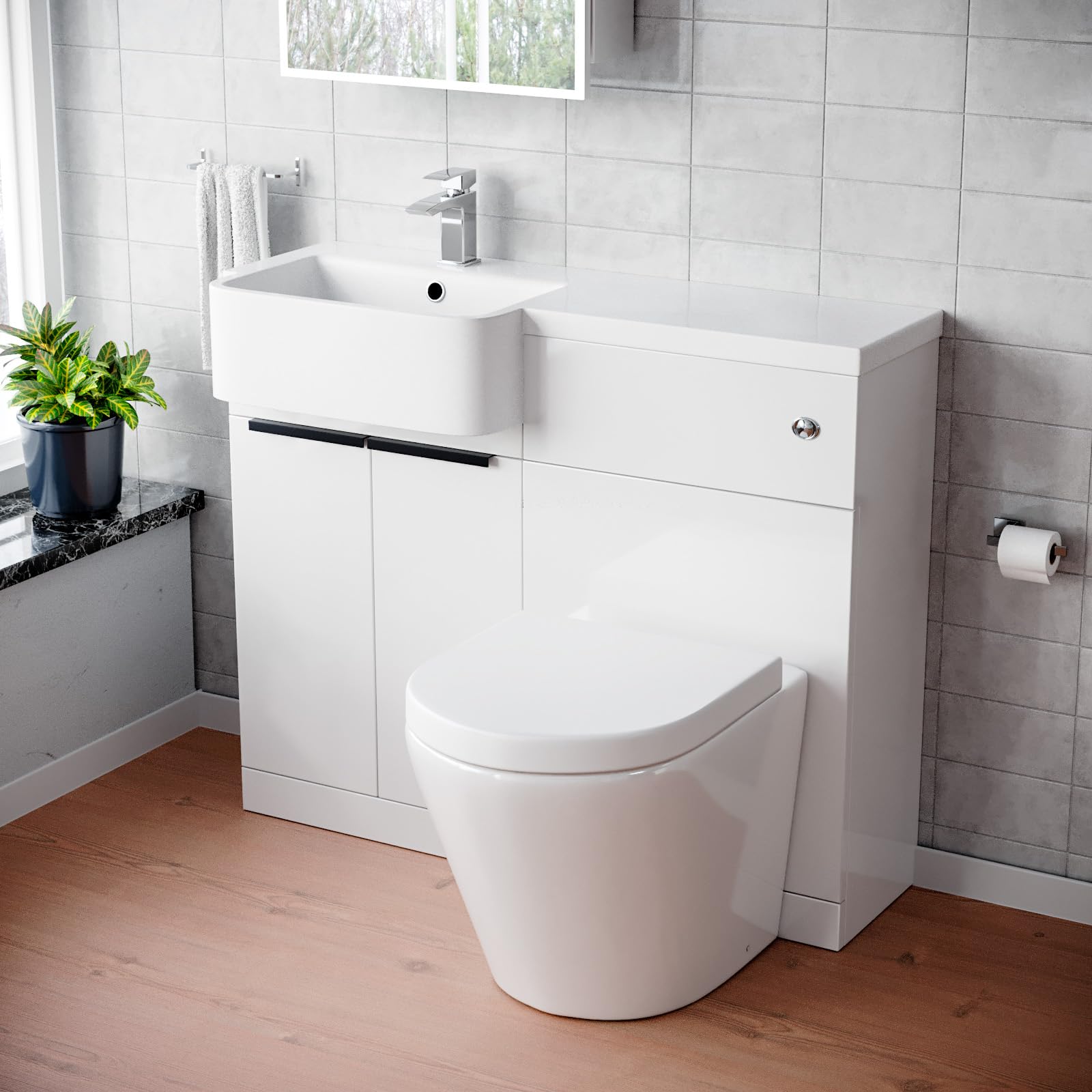 Nes Home LH Basin Vanity Unit, with Black Handles, WC Unit & Rimless Toilet