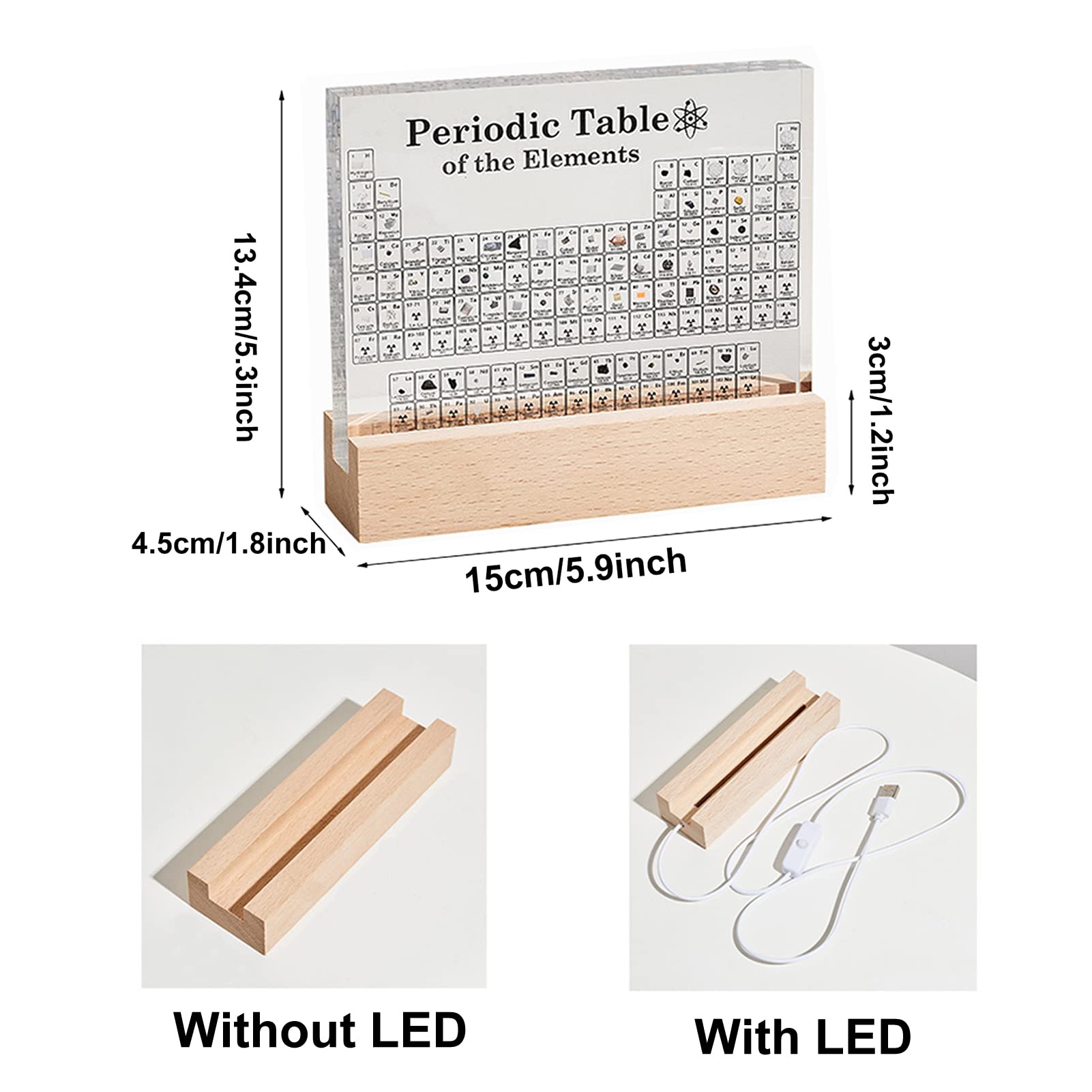 Tavola periodica in Acrilico con 83 elementi, Tavola periodica in versione stampata, Periodic Table Display Elemento Chimico per regali per insegnanti di studenti, decorazioni, con base in legno