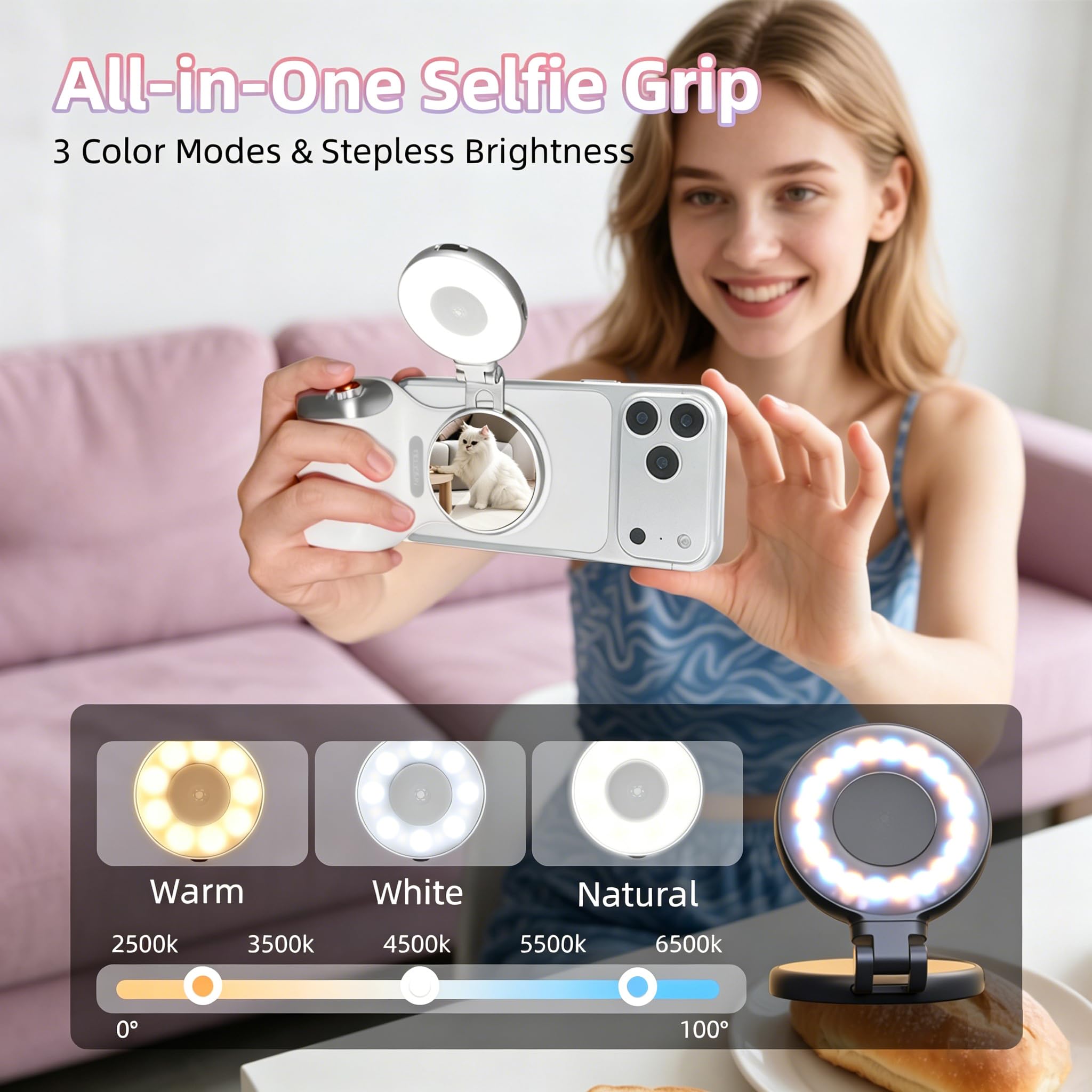 Fun Shot Empuñadura Magnética para Smartphone con Luz de Relleno Magnética RGB,Control Remoto Bluetooth de 10 Metros con Carga USB-C Desmontable,1/4 Rosca,Compatible con iPhone y Android