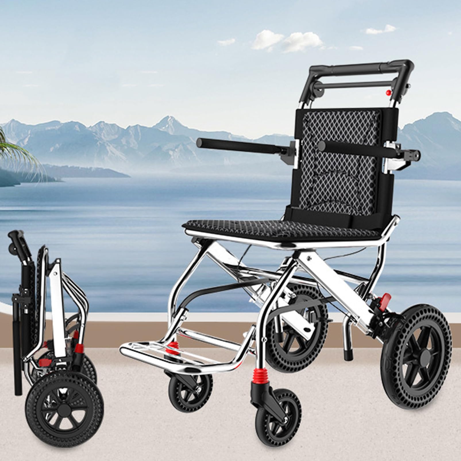 Silla de ruedas plegable súper ligera para adultos, silla de aluminio portátil para embarque, viajes, transporte, silla de ruedas plegable para una fácil movilidad