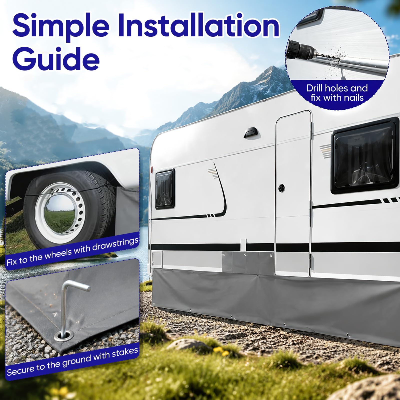 Bodenschürze Wohnwagen, 700x50 cm wasserdichte PU Wohnwagenschürze mit Bodenanker Windschutz Wohnmobilschürze Bodenschürze Wohnmobil Windschürze Wohnwagen für Outdoor Camping Reisen