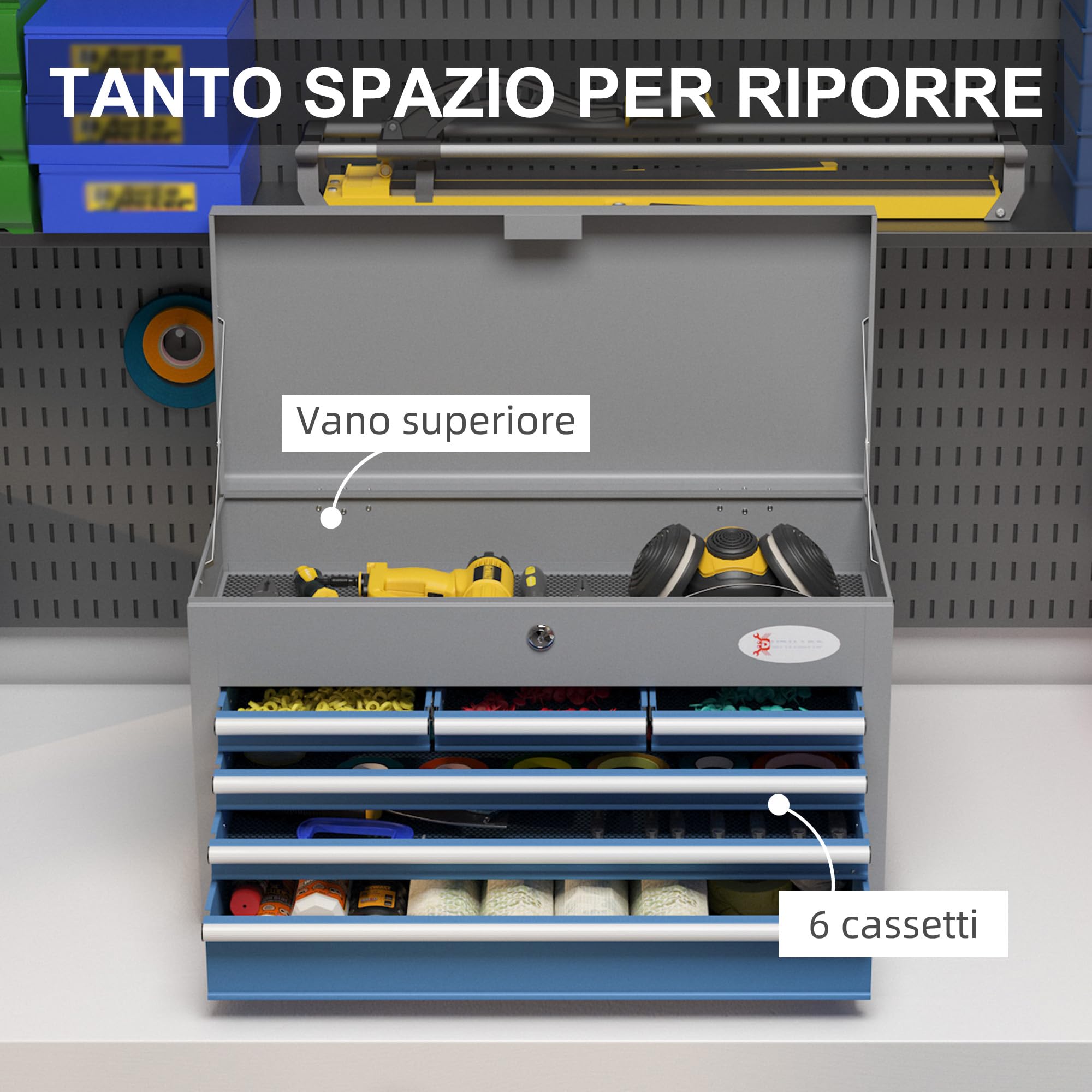 DURHAND Cassetta Attrezzi 6 Cassetti con Maniglie Laterali 60x26x34 cm Blu | Un Bauletto, 2 Chiavi, Cassetta Portautensili in Acciaio