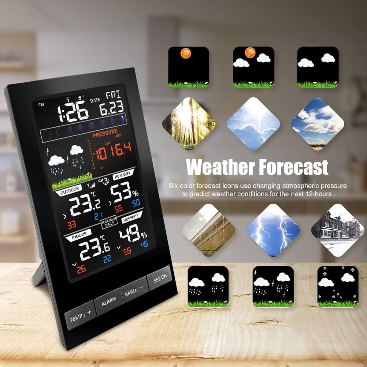 Wetterstationen, 5-in-1-LCD-Farbvorhersage-Display mit kabelloser Anzeige, Farbbildschirm für Thermo-Hygrometer und Luftdruck für drinnen und draußen, Wetterstation für zu Hause