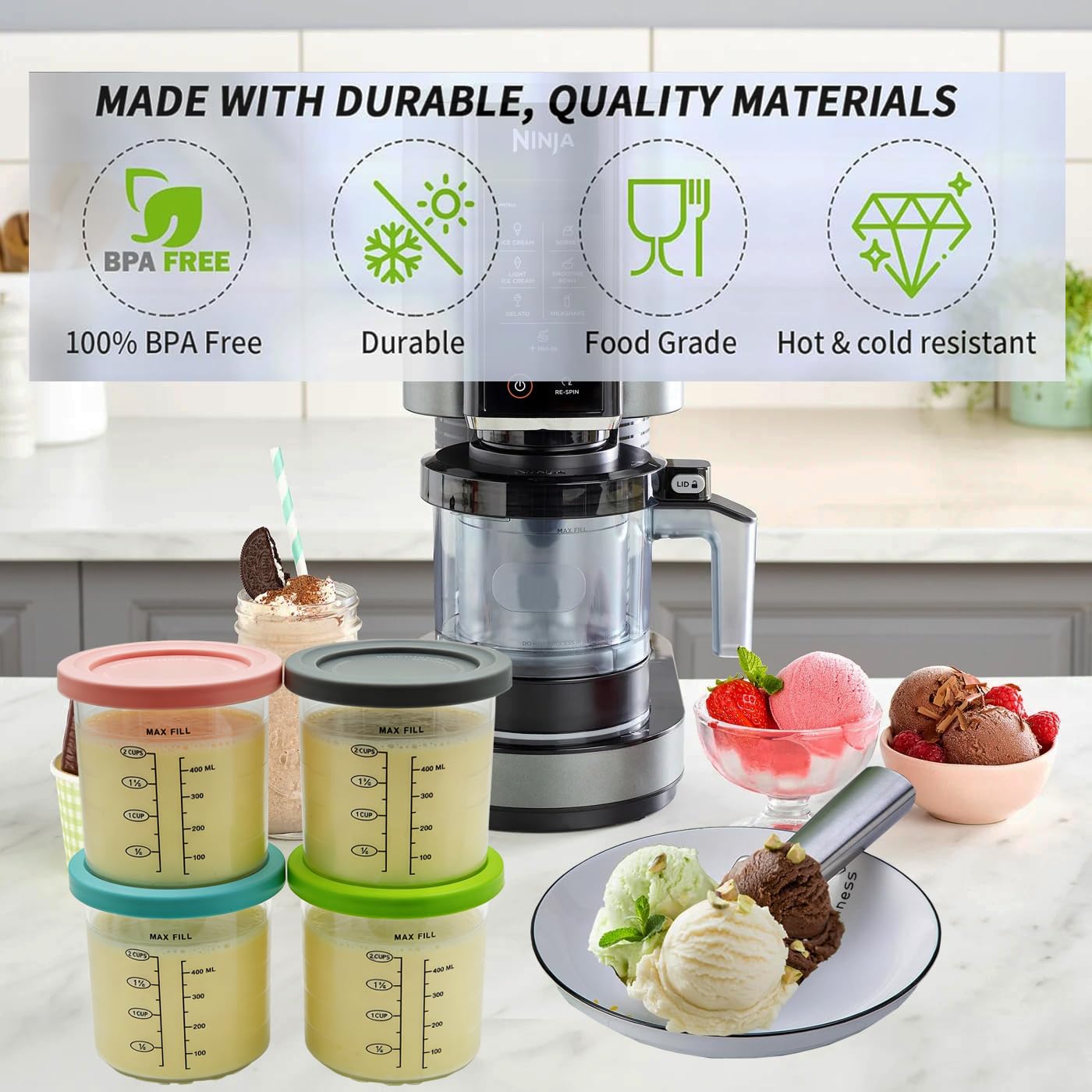 Lot de 4 bacs à crème glacée compatibles avec les machines à crème glacée Ninja CREAMi NC300UK NC300UKCO NC300UKCP NC301 NC299AMZ Series pour Ninja Creamy Pint Récipients de rechange avec couvercles