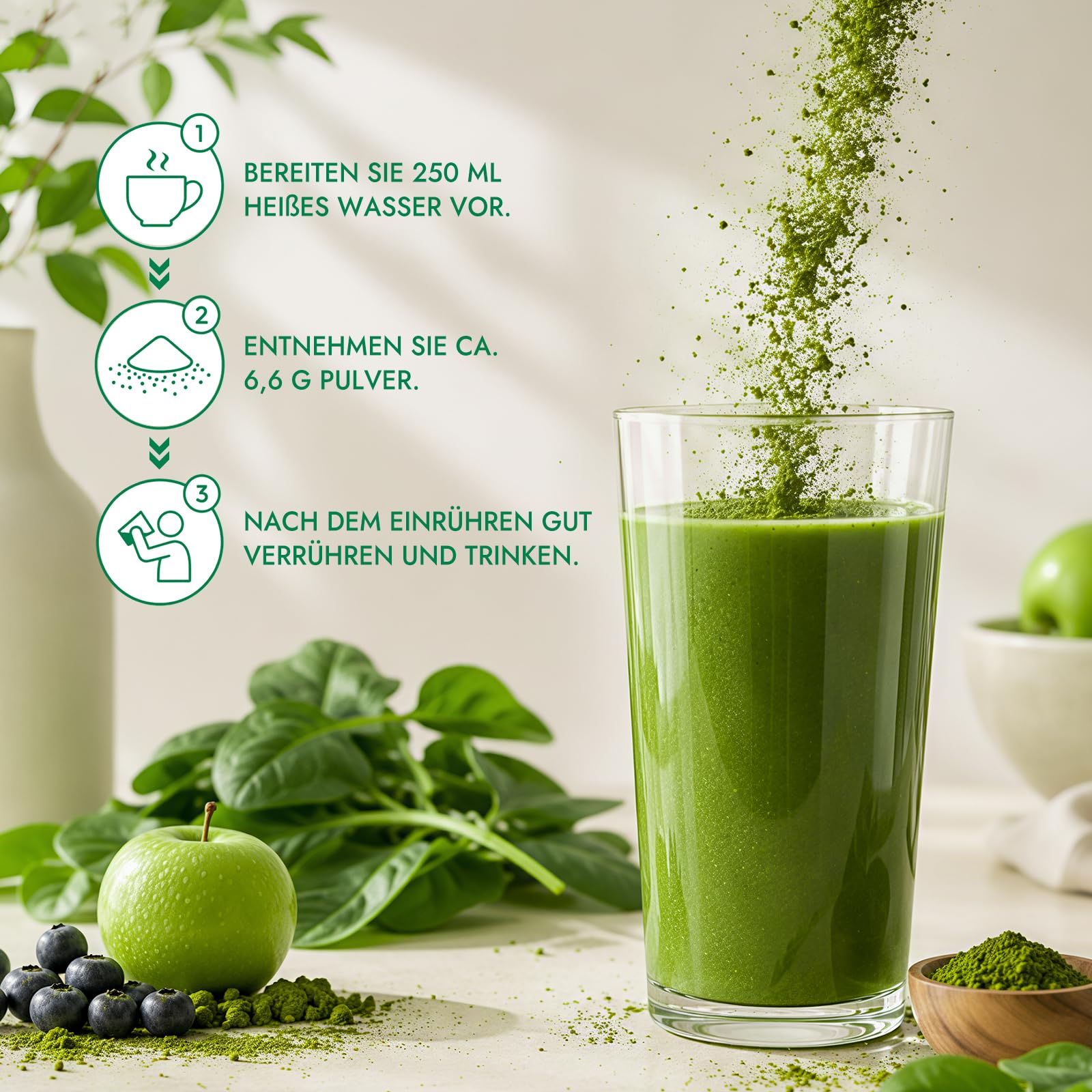 Grüne Entgiftungspulver Helfer,200g Grüner Superfood Pulver Helper Mix mit Matcha, Spirulina, Gerstengras & Heidelbeeren | Ballaststoffreich & Vegan | Greens Pflanzenpulver für Alltag & Ernährun