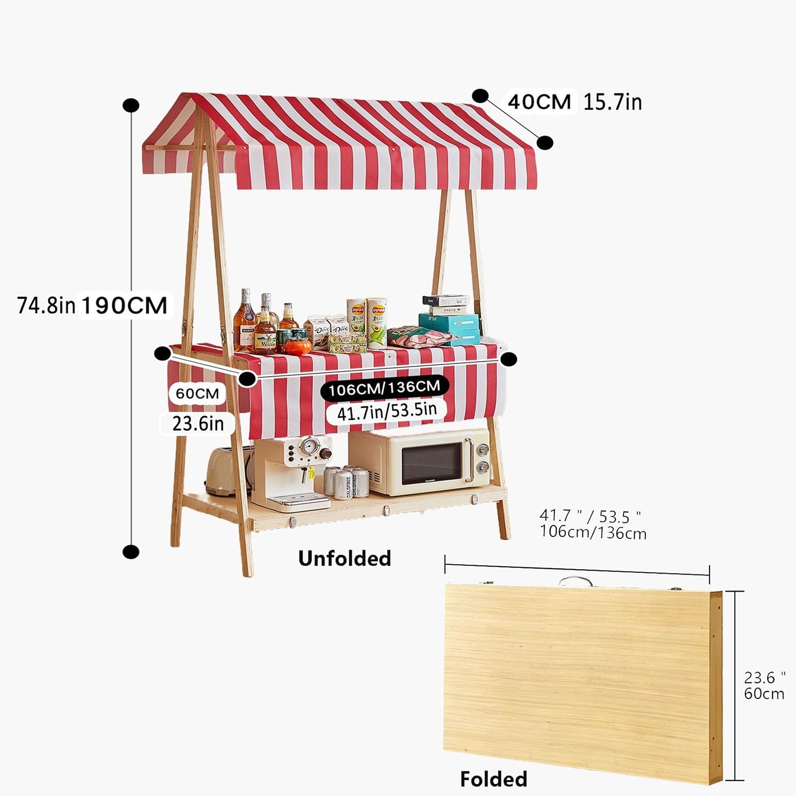 Ausstellungsständer aus Holz mit Vordach, tragbarer faltbarer Tisch für landwirtschaftliche Märkte, robuster Verkäuferwagen für Straßenessen, Süßigkeiten (Gelb, 1,53,5 Zoll/136 cm)