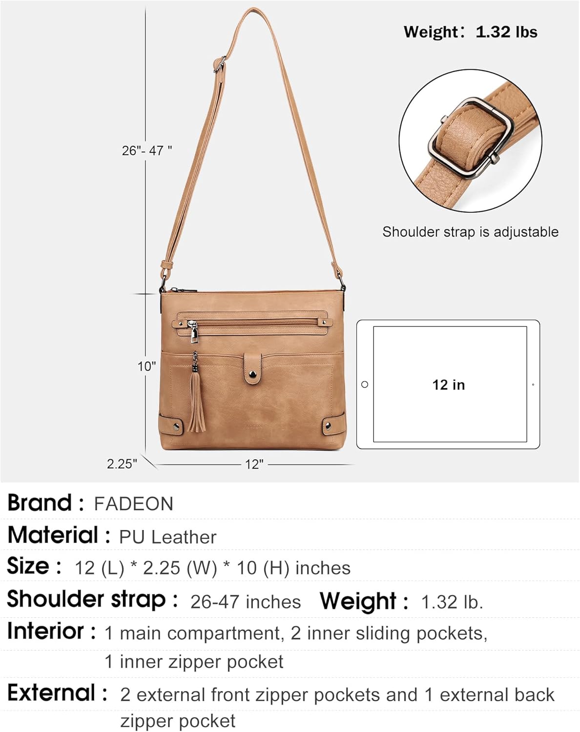 FADEON Large Crossbody Purses for Women Crossbody Bag, Designer Leather Cross Body Purses Multi Pocket Shoulder Bag - Image 4