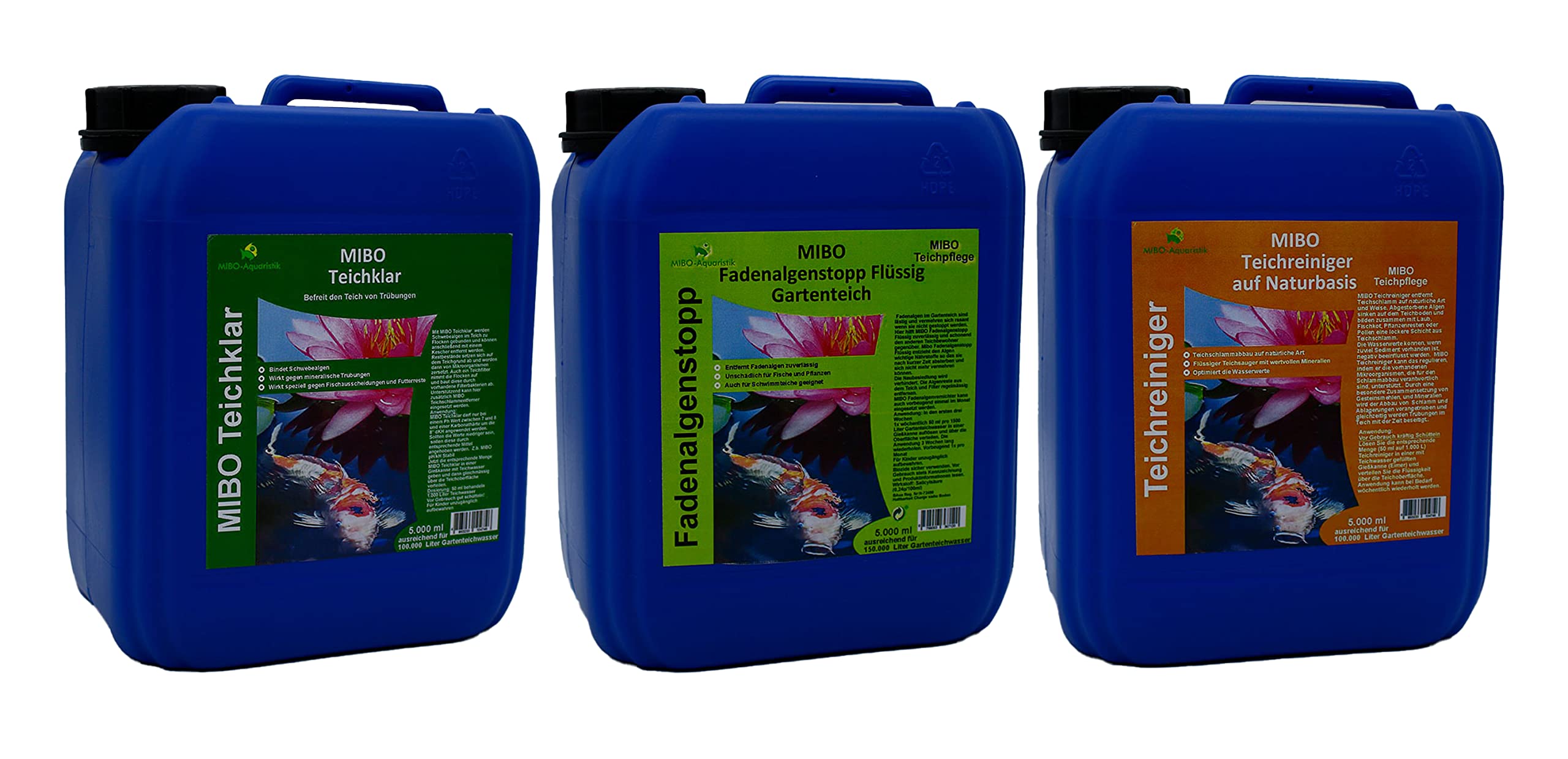 MIBO Teichpflege-Set Angebot 3x5000ml - Teichklar-Fadenalgenstopp flüssig-Teichreiniger