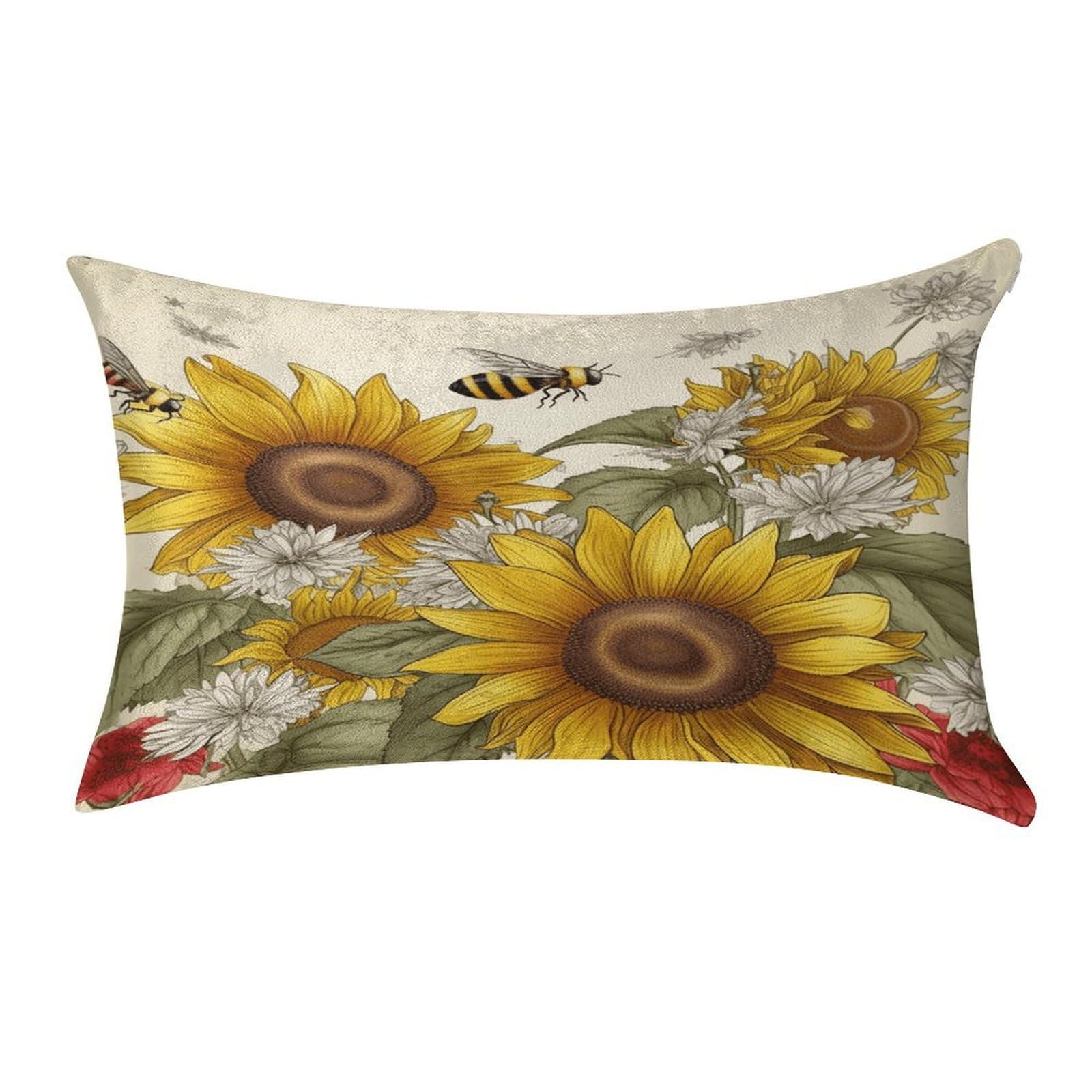 VstaDank Bees Sunflowers Daisy Rose Flowers Pillow Covers Rectangular Cushion Case Cozy Decorative Throw Pillowcase Luxury Lumbar Pillow Shells with Zipper Soft Velvet Pillows Shams 12 X 20 in