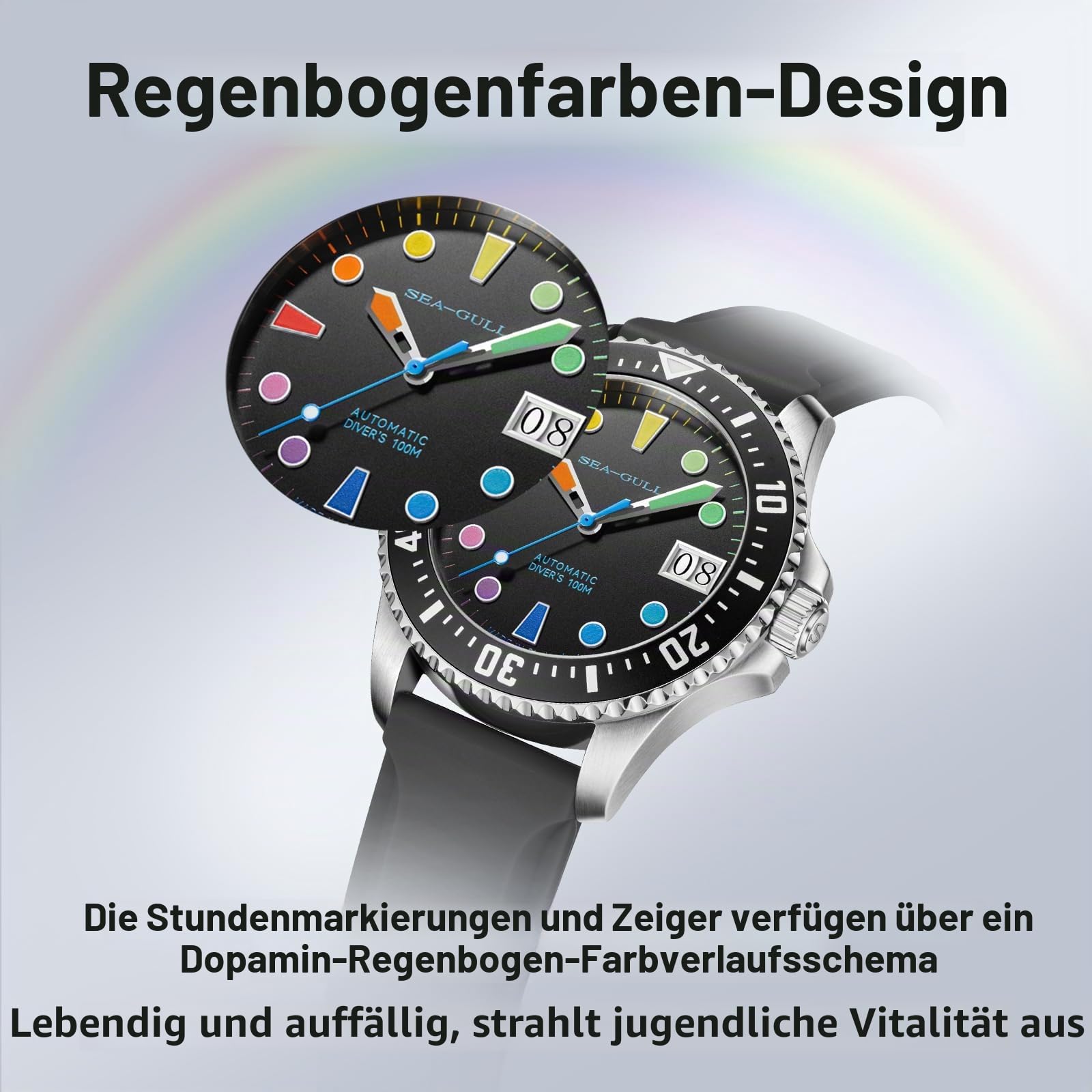 SEA-GULL Automatische Taucheruhr für Herren, 100 m wasserdicht, mechanische Armbanduhr mit bunten Markierungen, synthetisches Saphirglas, Silikonband