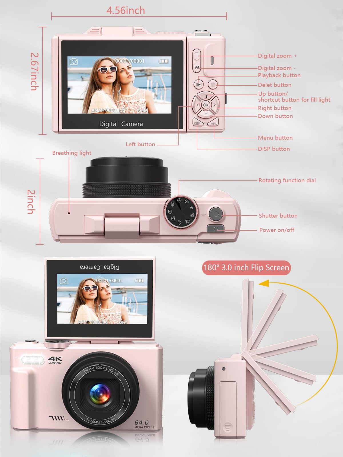 Fotocamera digitale per fotografia, 4K Vlogging Camera per YouTube 3 pollici 180° Flip Screen Zoom digitale 18X Fotocamera compatta con 32GB TF Card & 2 Batterie, Rosa