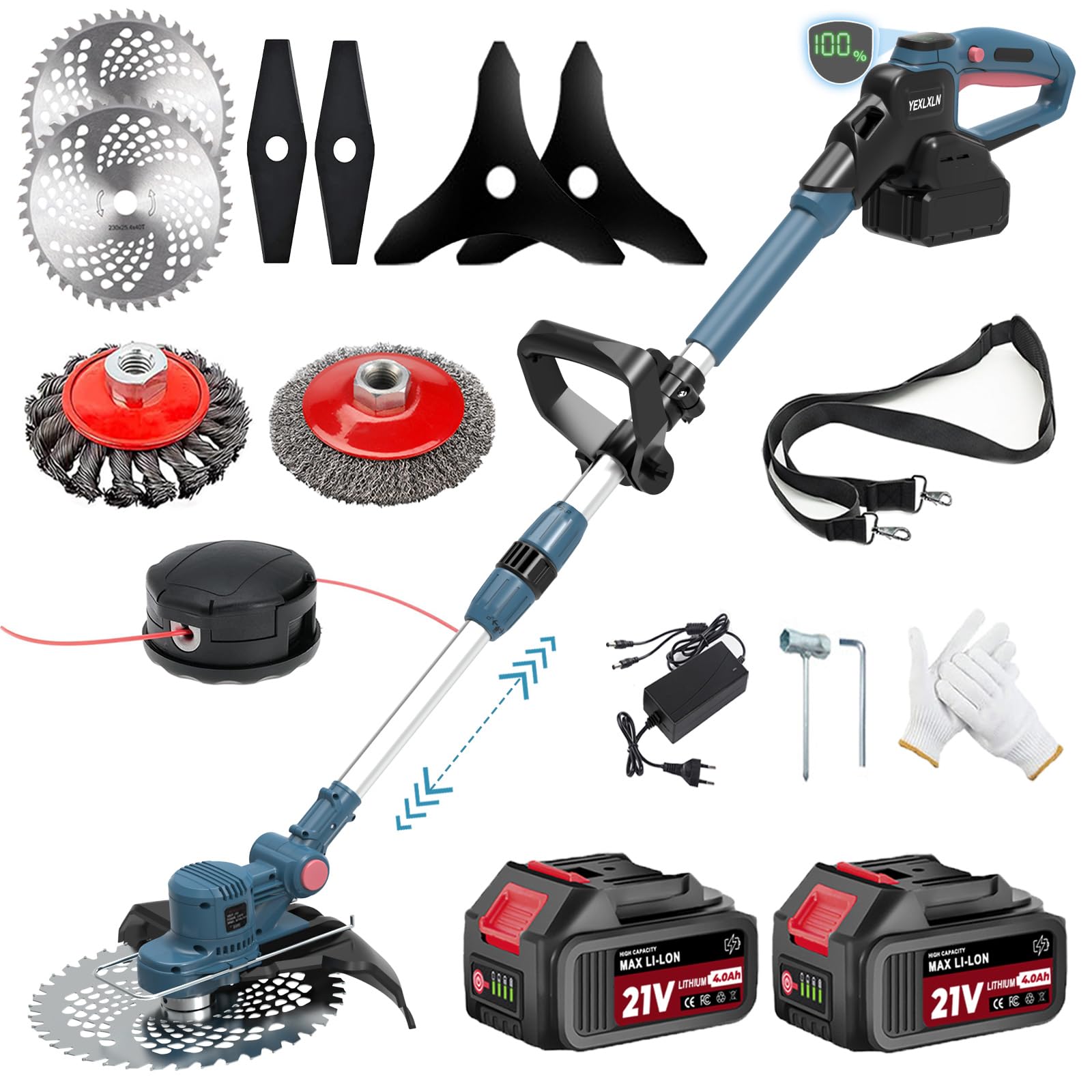 Rasentrimmer mit Akku, Akku Rasentrimmer für Makita-Akkus mit 5 Klingentypen, 21V Rasentrimmer mit Unkrautbürste, mit 2X4.0Ah Akku Freischneider, Tap&Go M10 x 1,25, für Garden Trimmen