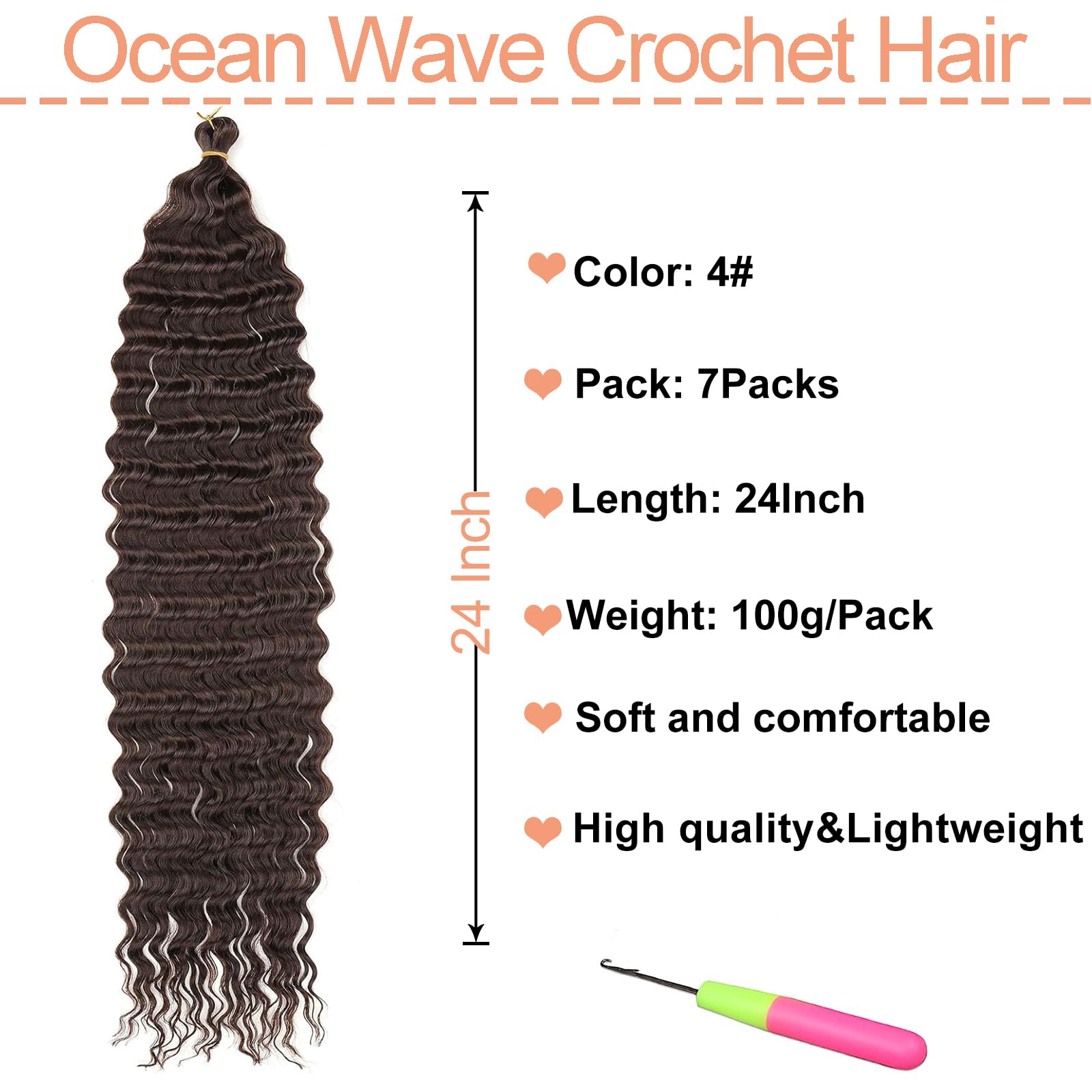 Mscat 24 Inch Ocean Wave 7Pack Crochet hair Extexsions Long Braids Dark Brown Deep wave Synthetic hair Curly Braiding hair for Black Women 4# - Image 2