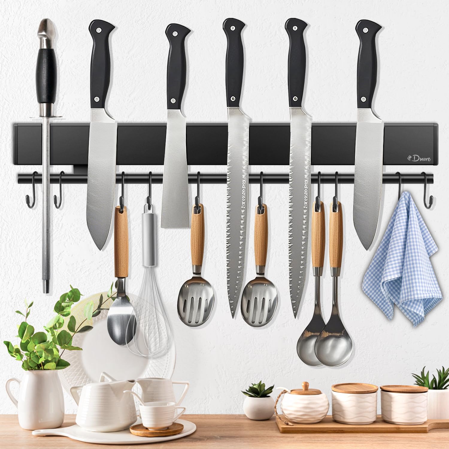 Dmore magnetic knife holder for wall—with 10 hooks, No Drilling 17 Inch black knife magnetic strip, Extra Strong Magnet knife rack, include Adhesive Tape and screws for Knives and Tools
