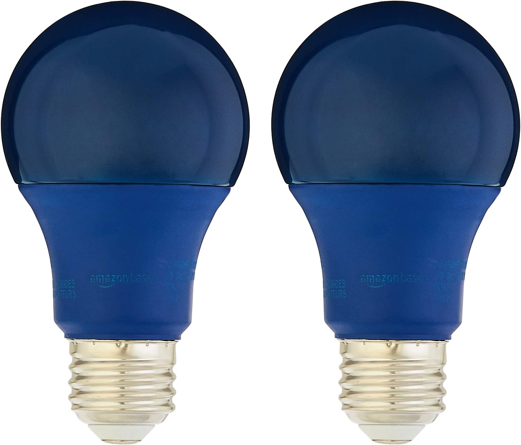 Amazon Basics A19 Blue Color Party LED Light Bulbs, 60W Equivalent, 9W Energy Efficient, E26 Standard Base, Non-Dimmable, 10,000 Hour Lifetime, 2-Pack