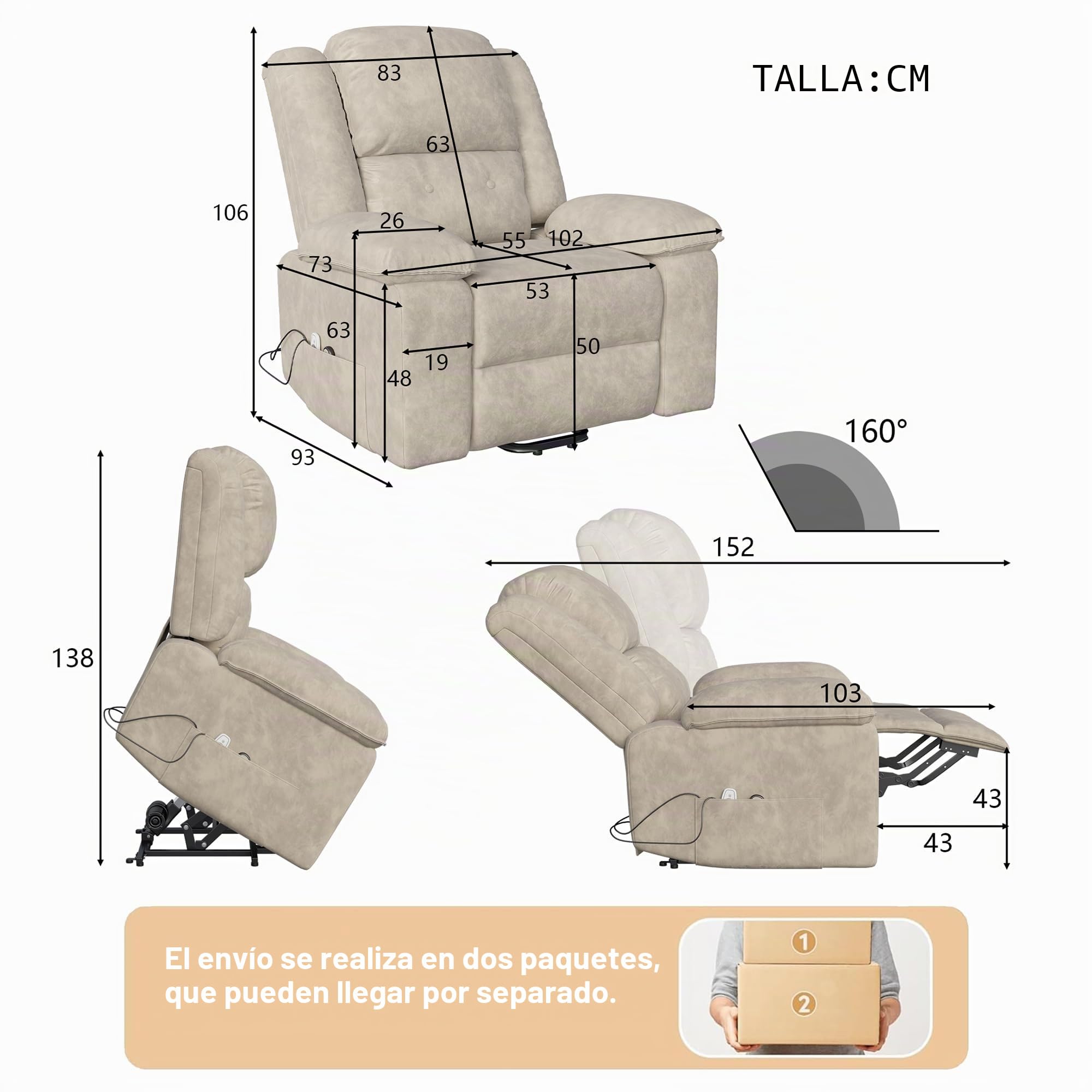 Sillón Relax Reclinable, Silla con Respaldo Reposabrazos, Sillón de TV con Reposapiés, Respaldo Alto, Stand-up Aid, eléctricamente Ajustable, función de calefacción y Masaje, Beige+Gris