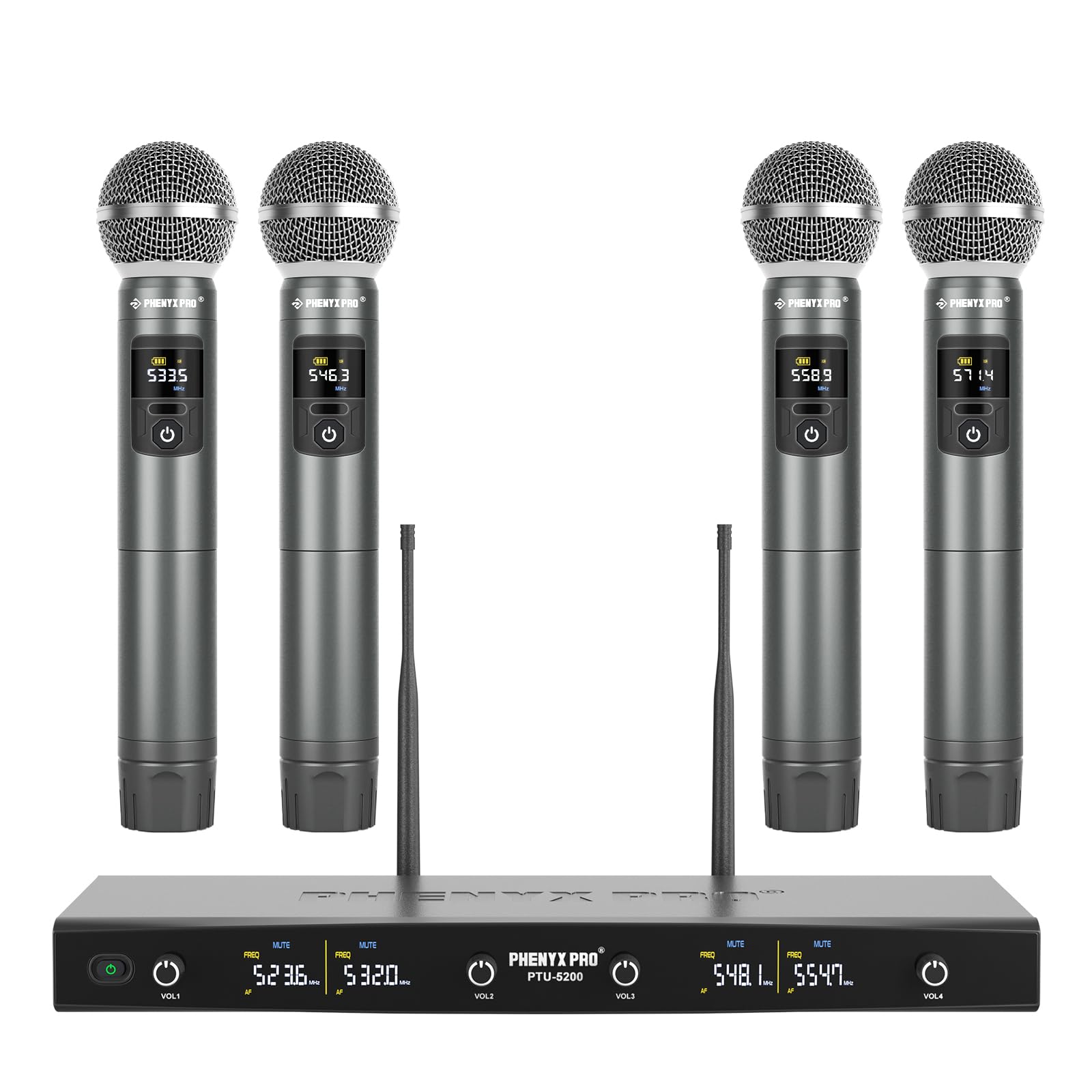 Wireless Microphone System, Metal Wireless Mic Set with 4 Cordless Mics, 4x25 UHF Adjustable Frequencies, 200ft Range, Dynamic Microphones for Singing, Karaoke, Church, DJ (PTU-5200-4H)