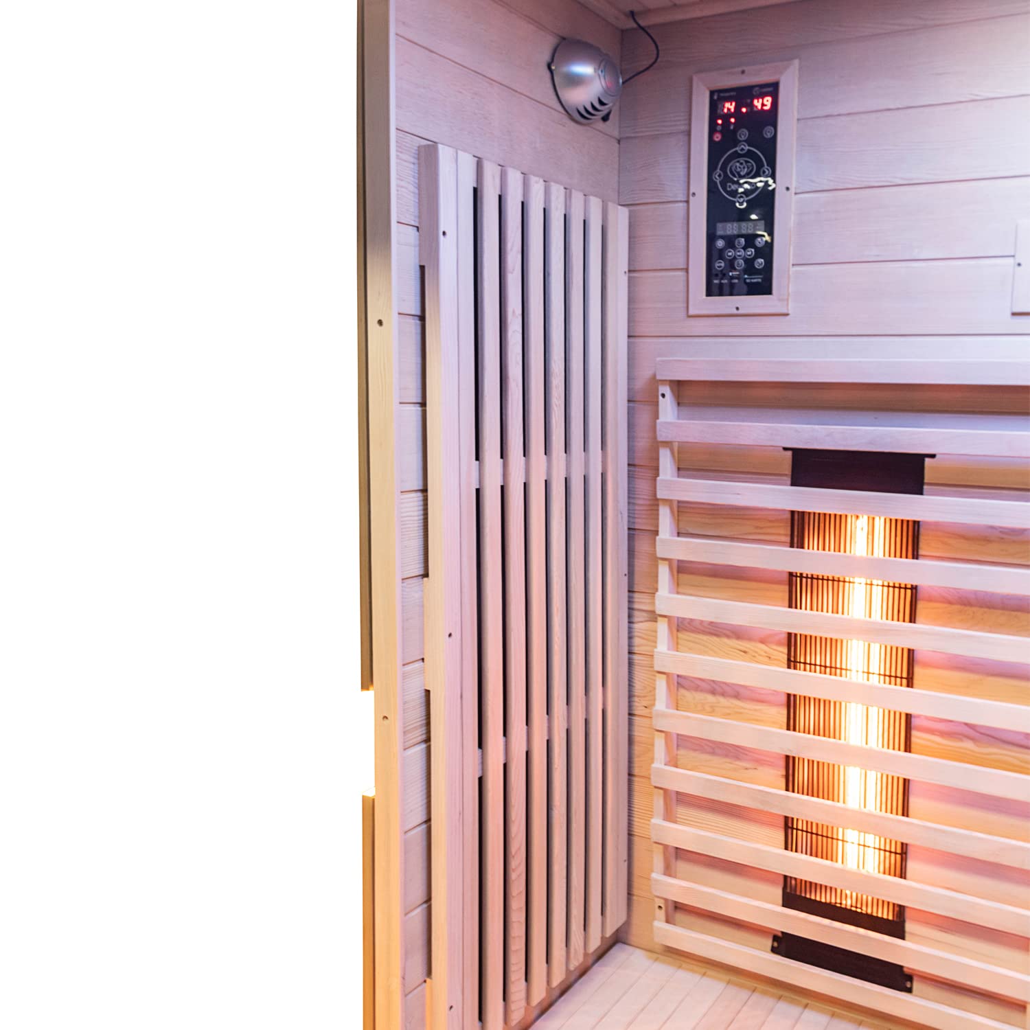 Dewello® Infrarotkabine Infrarotsauna Kingston 130cm x 105cm für 1-2 Personen aus Hemlock Holz mit verstellbaren Vollspektrumstrahlern, LED-Farblicht, Bluetooth, FM,MP3,USB